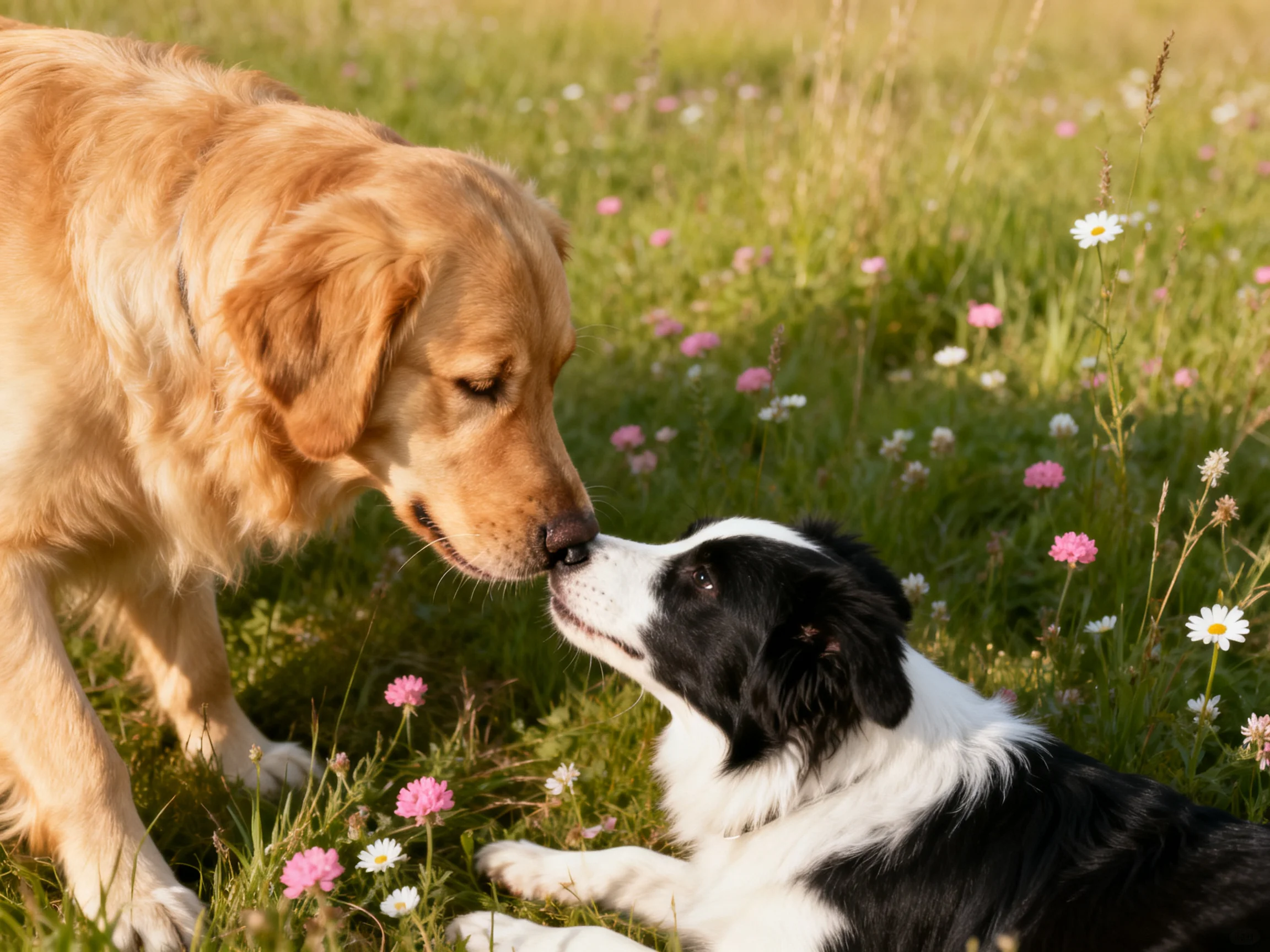 Two dogs interact in a flower - filled meadow with golden and black - white coats