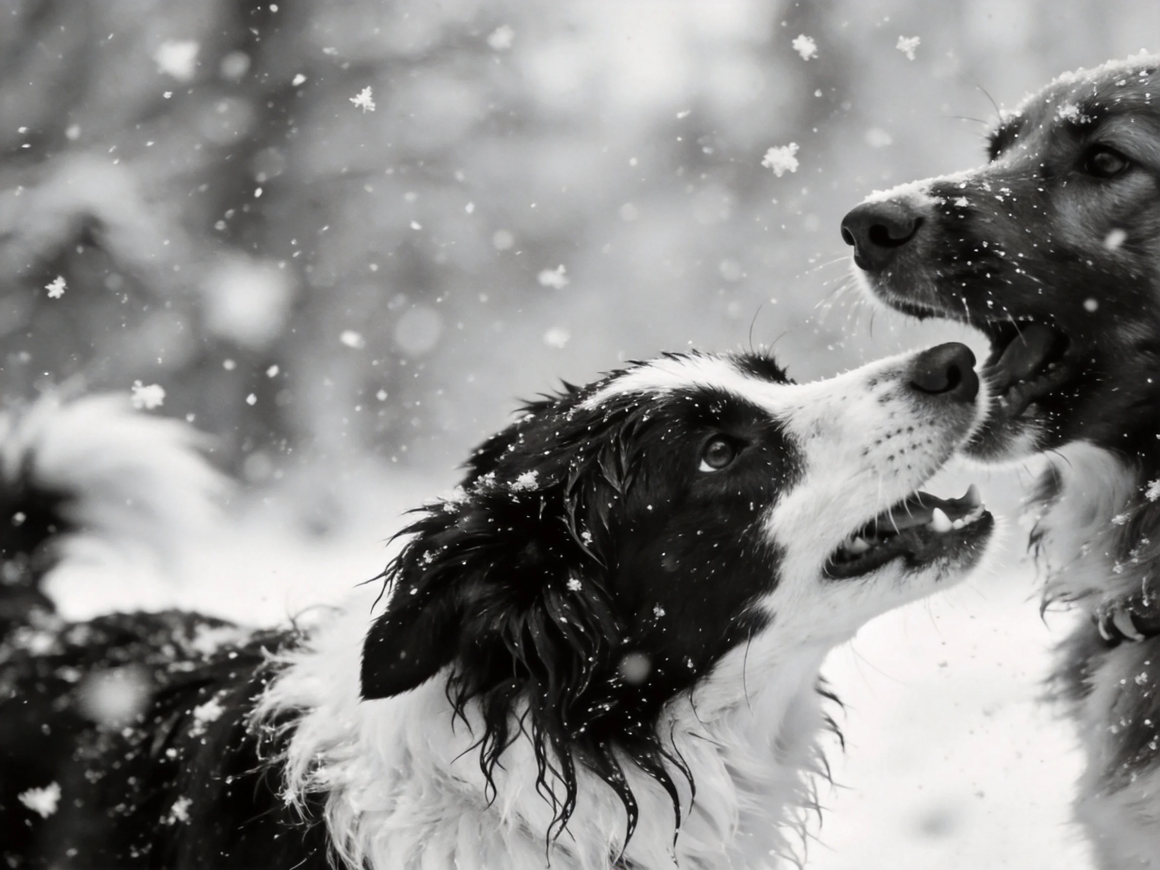 Two dogs interact in a snowy landscape with falling snowflakes