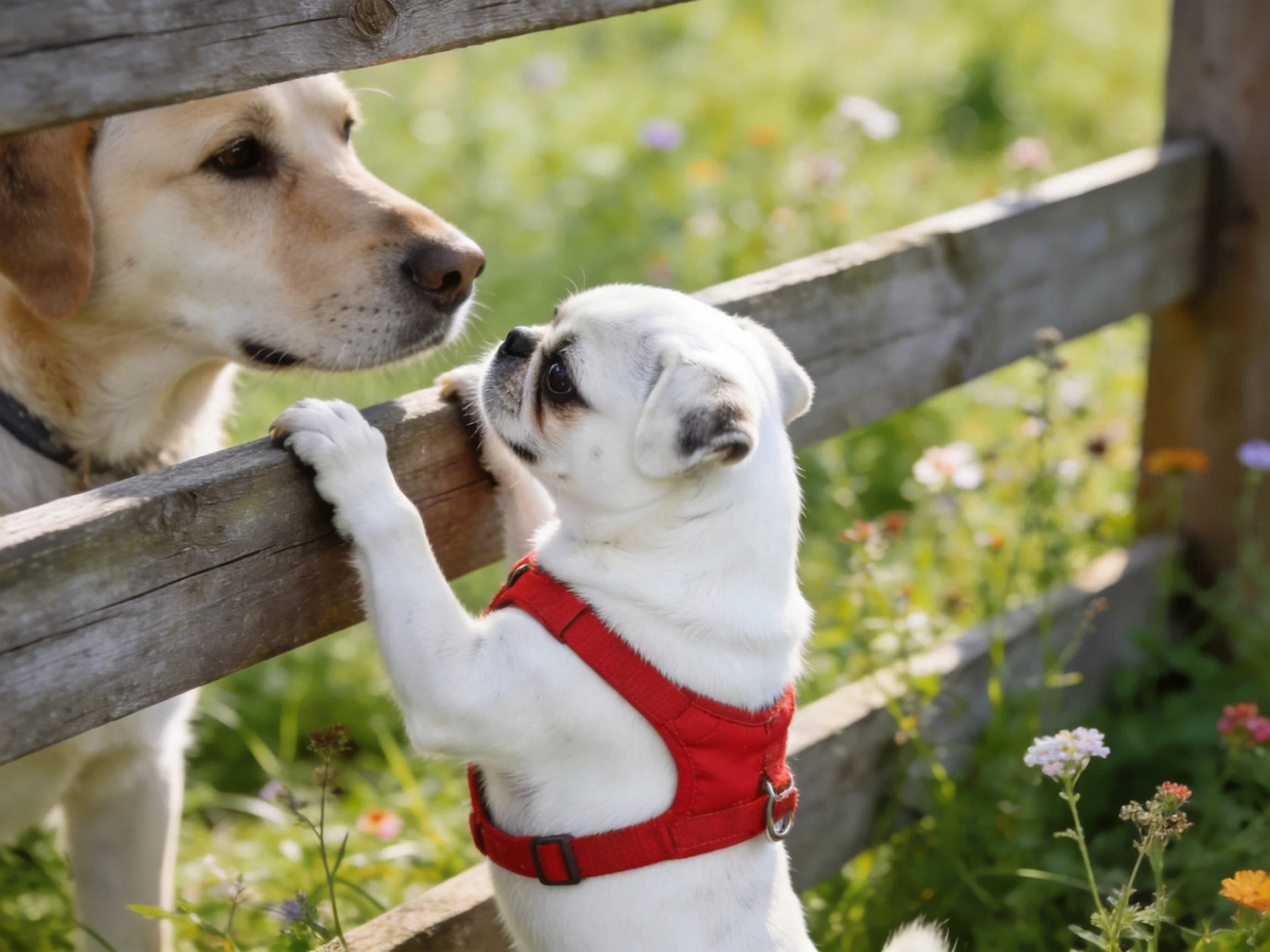 Two dogs interact near a wooden fence with colorful wildflowers