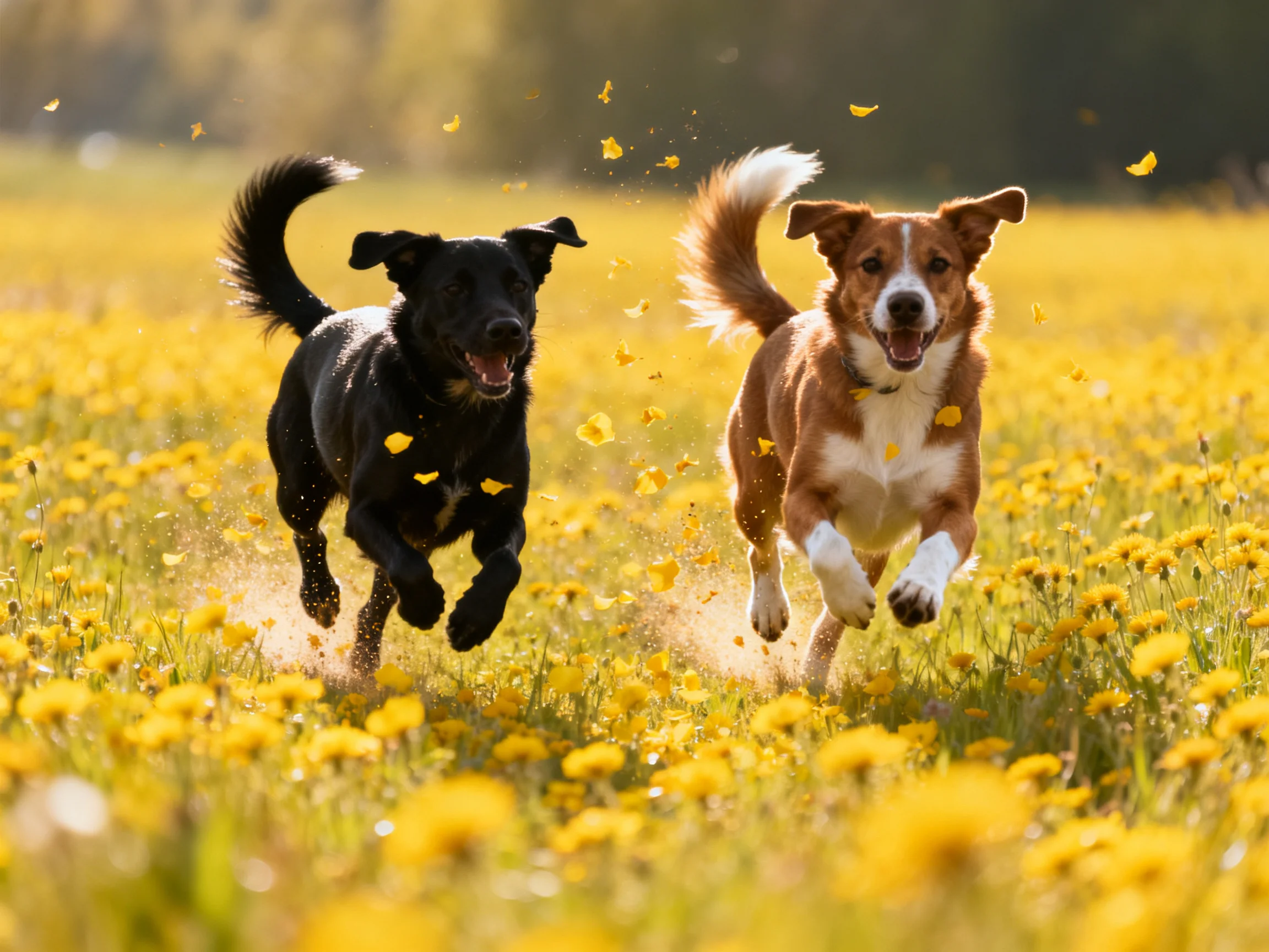 Two dogs joyfully dash through a sunlit yellow flower field