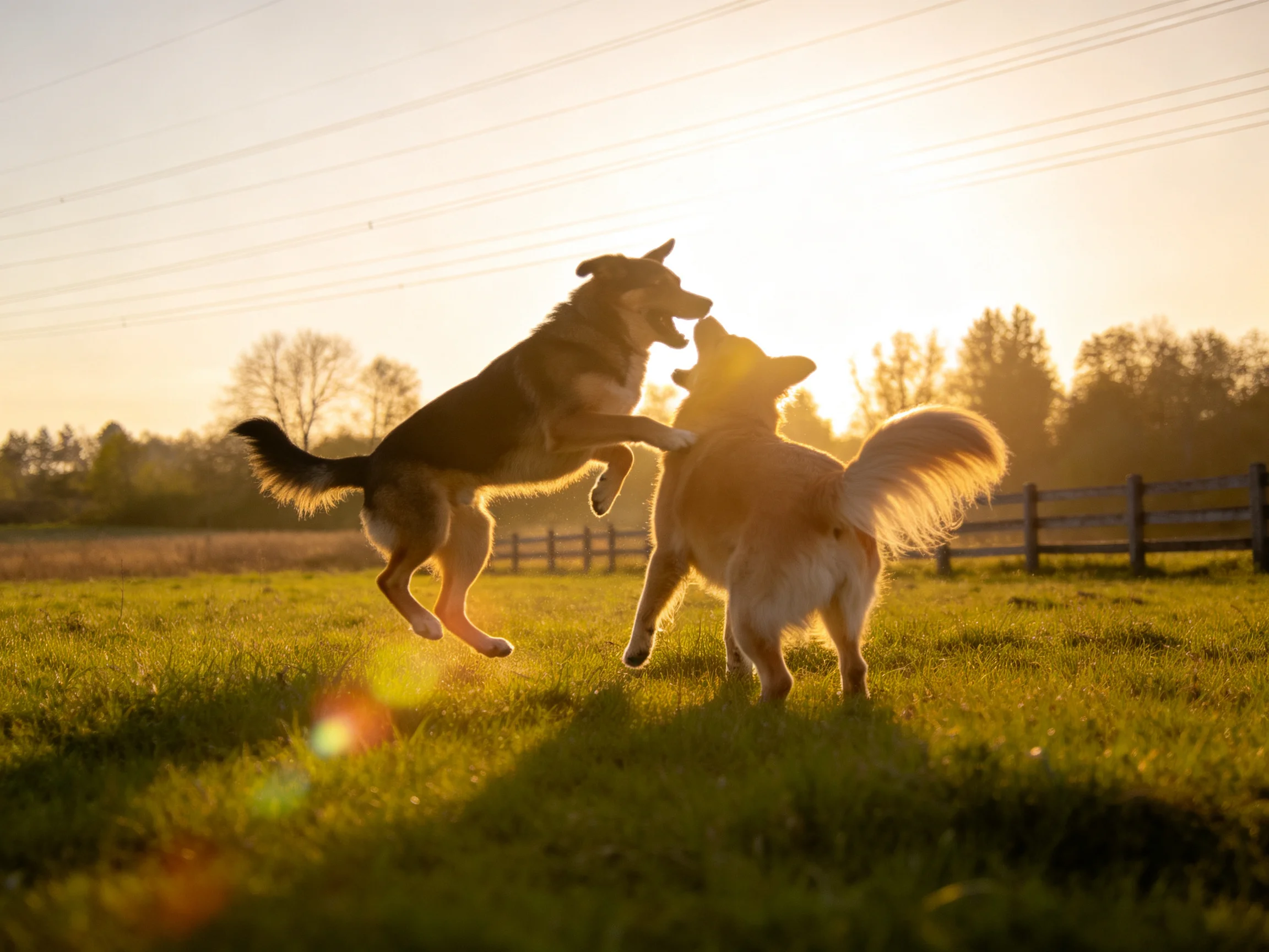 Two dogs leap and play in a sunlit grassy field near a wooden fence