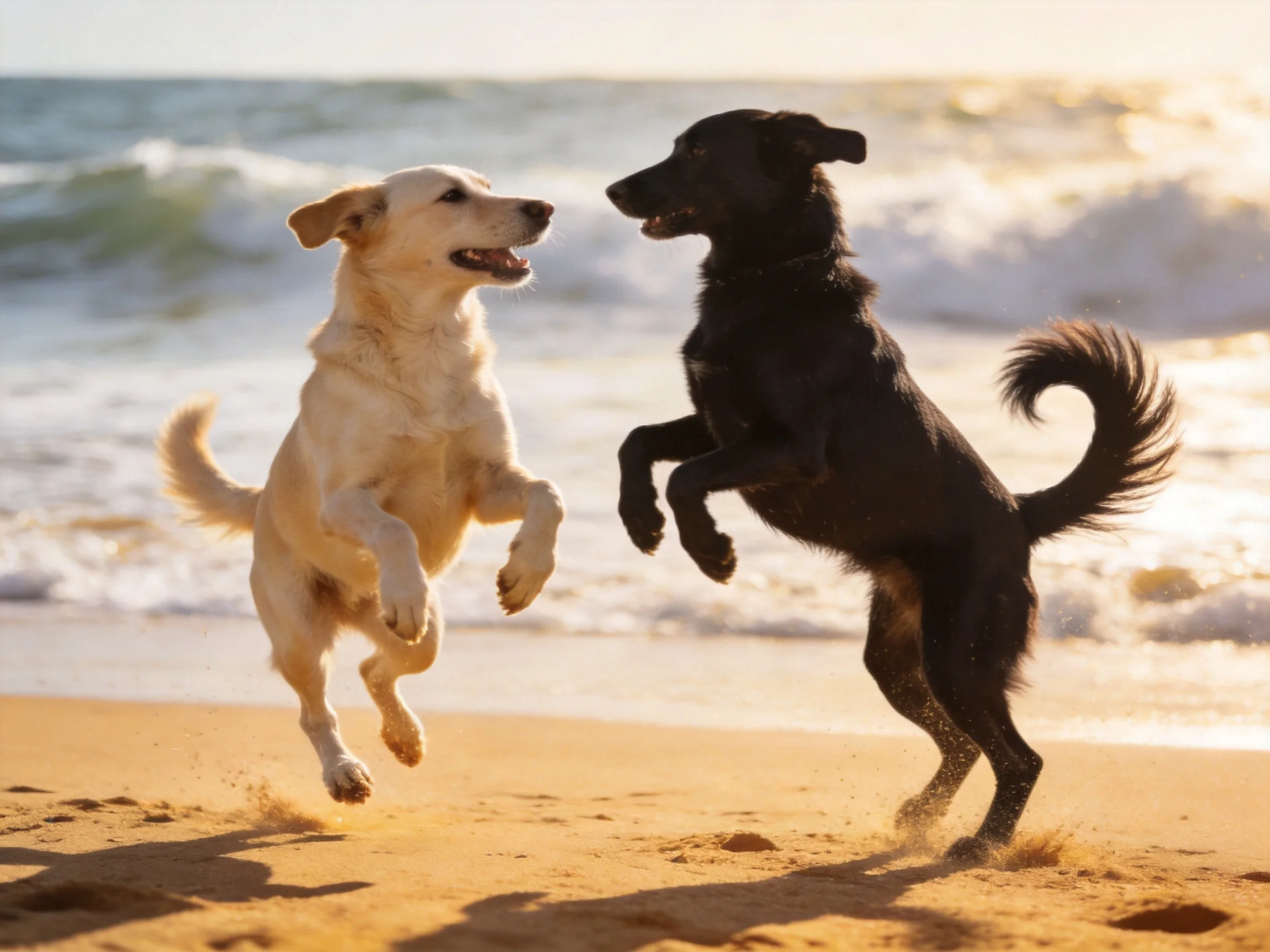 Two dogs leap playfully on a sandy beach by the ocean
