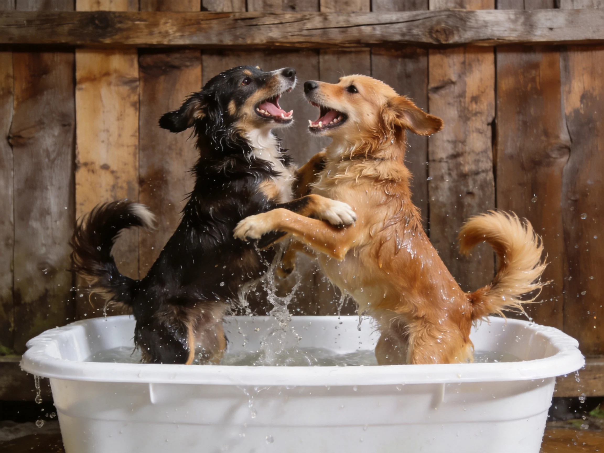 Two dogs of black and golden coats splash in a white tub
