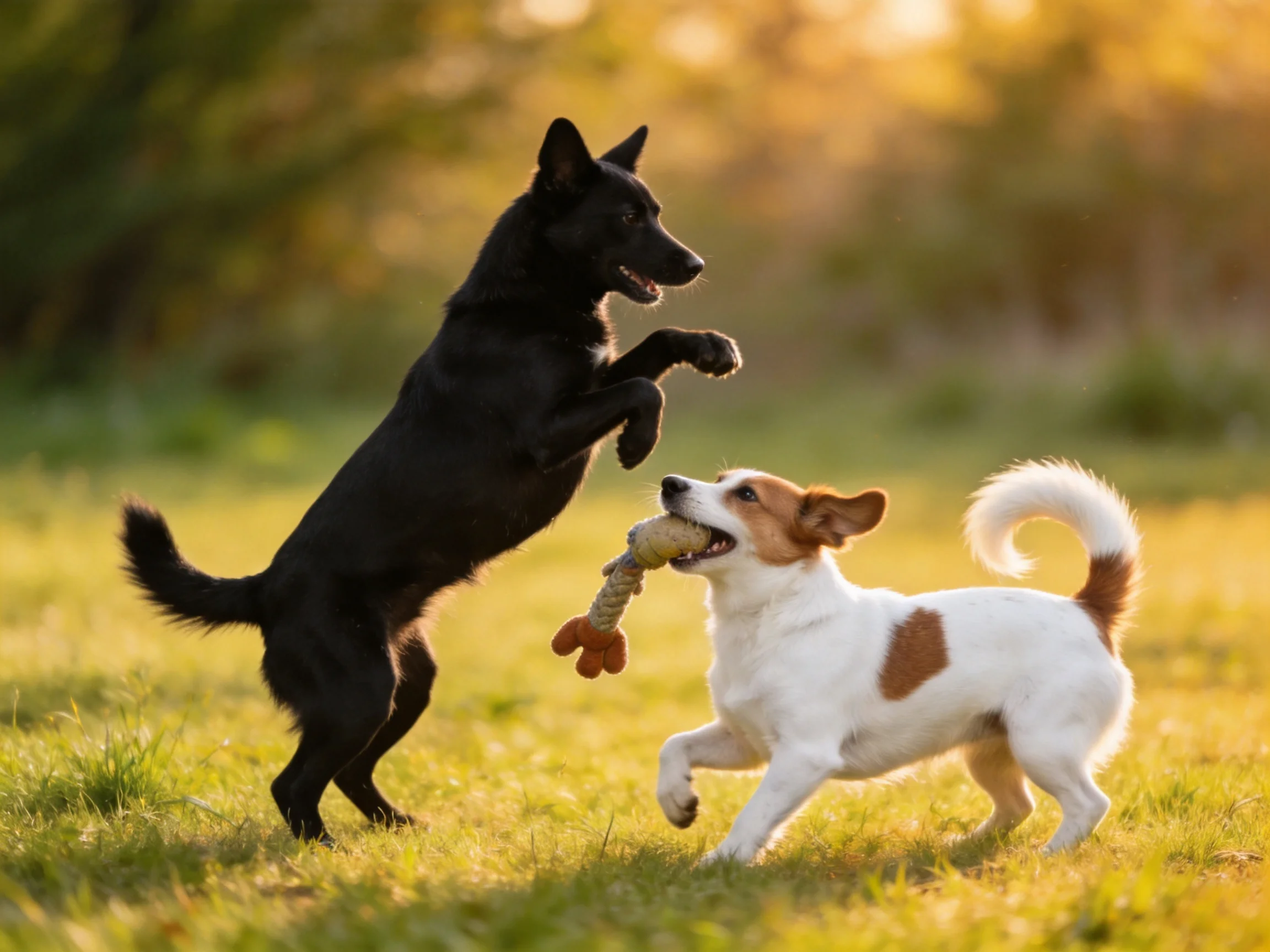Two dogs of contrasting coats play with a toy in a sunlit meadow