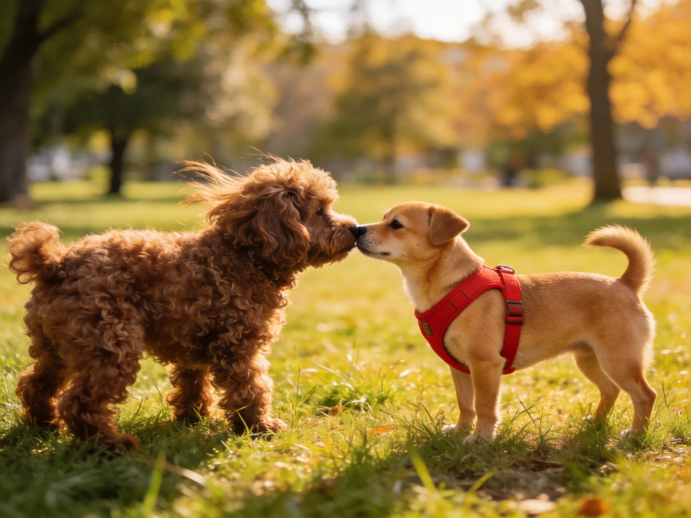 Two dogs of contrasting coats share an affectionate moment in a sunlit park