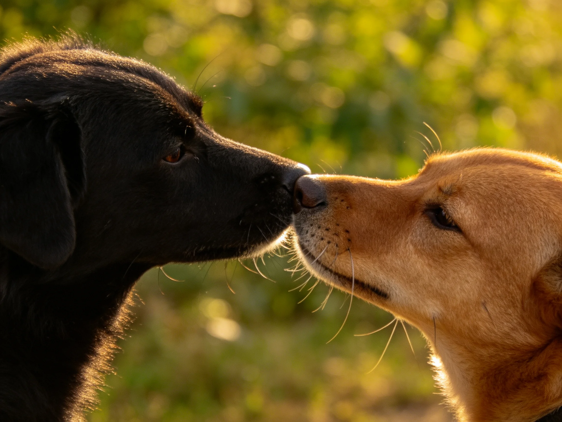 Two dogs of contrasting colors nuzzle closely in a sunlit natural setting