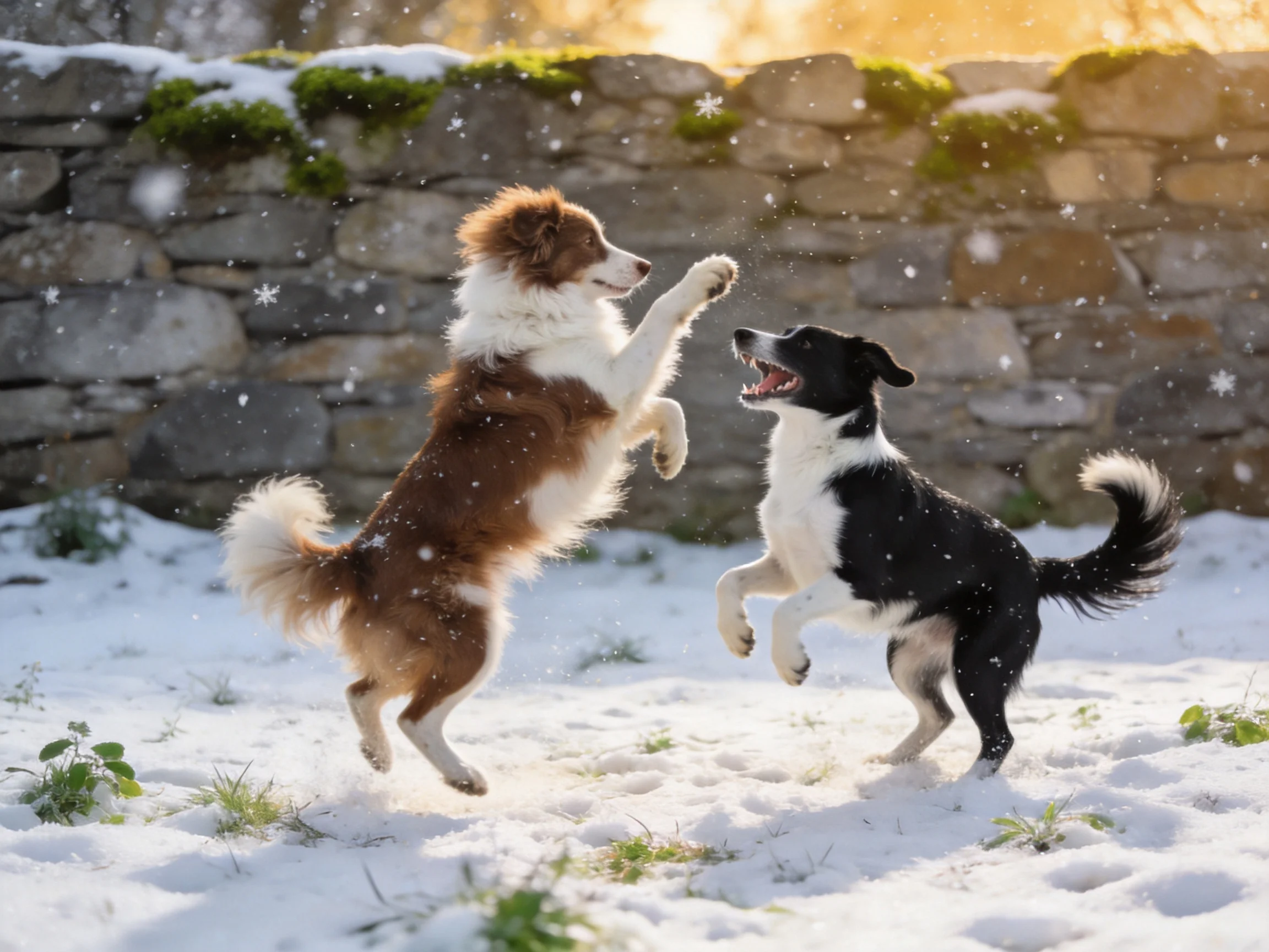 Two dogs play joyfully near a stone wall in a snowy area.
