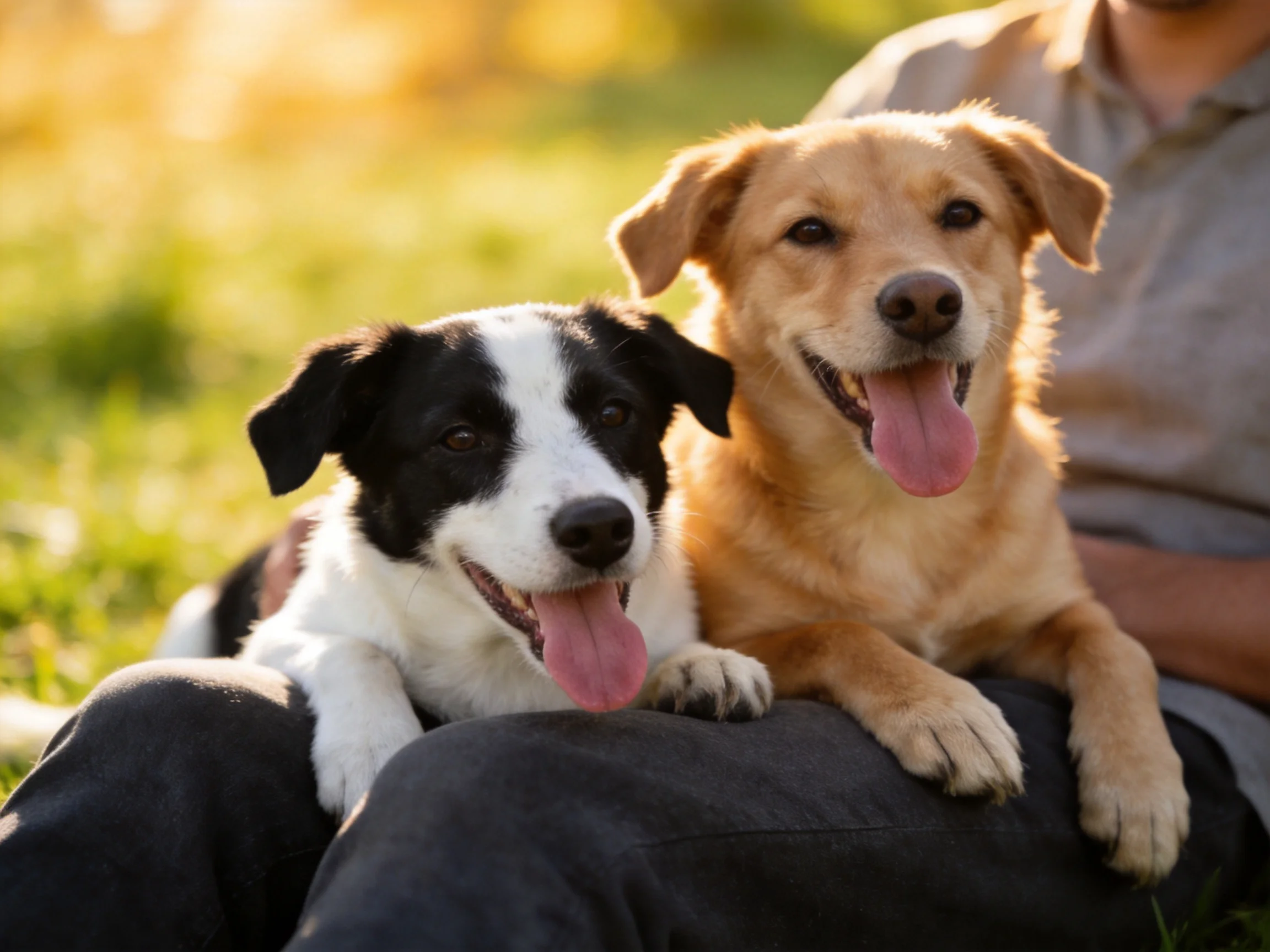 Two happy dogs sit together on a person’s lap in a sunlit outdoor setting.