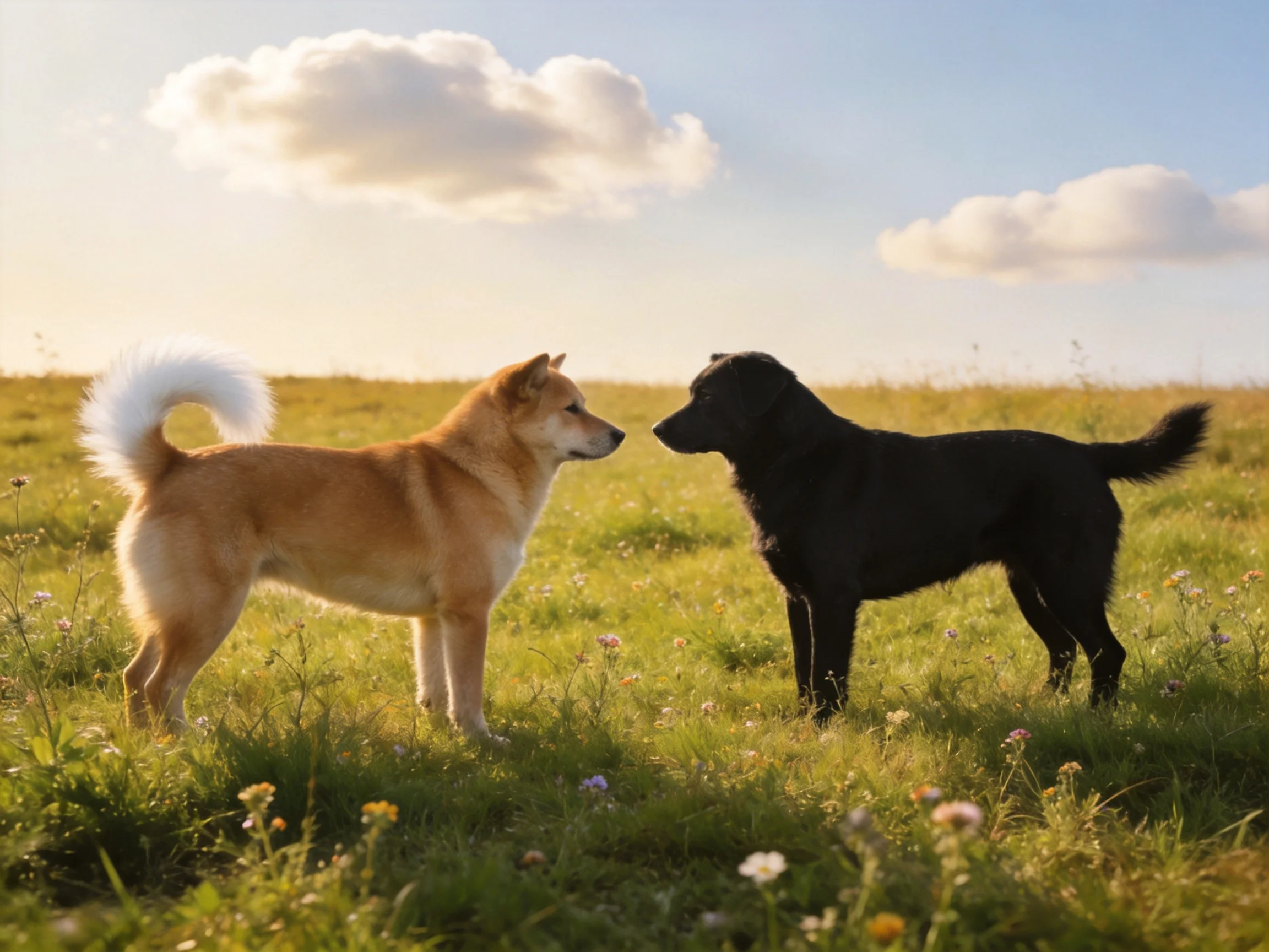 Two dogs face each other in a sunlit meadow with