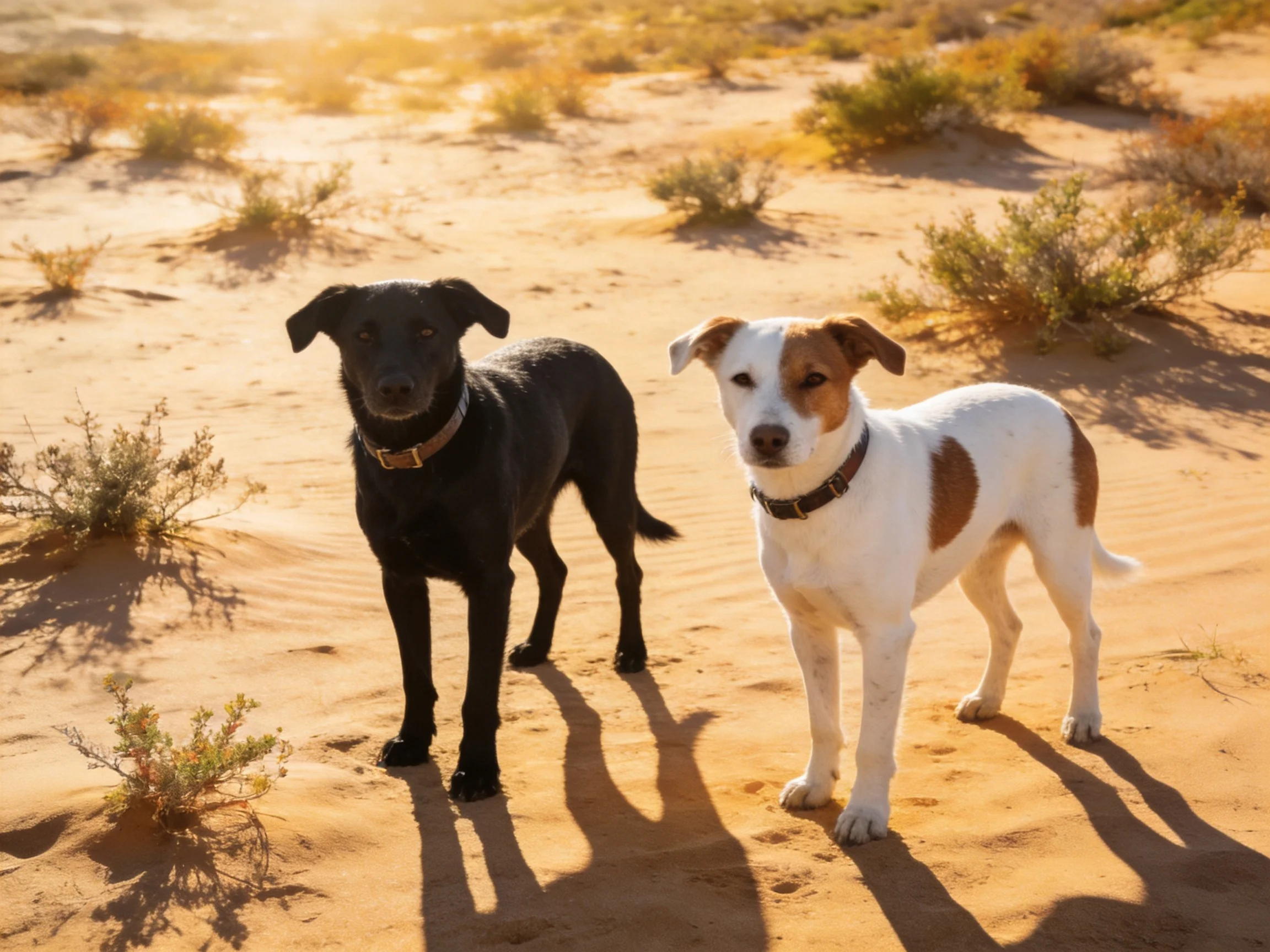 Two dogs stand together on sandy ground in an arid landscape