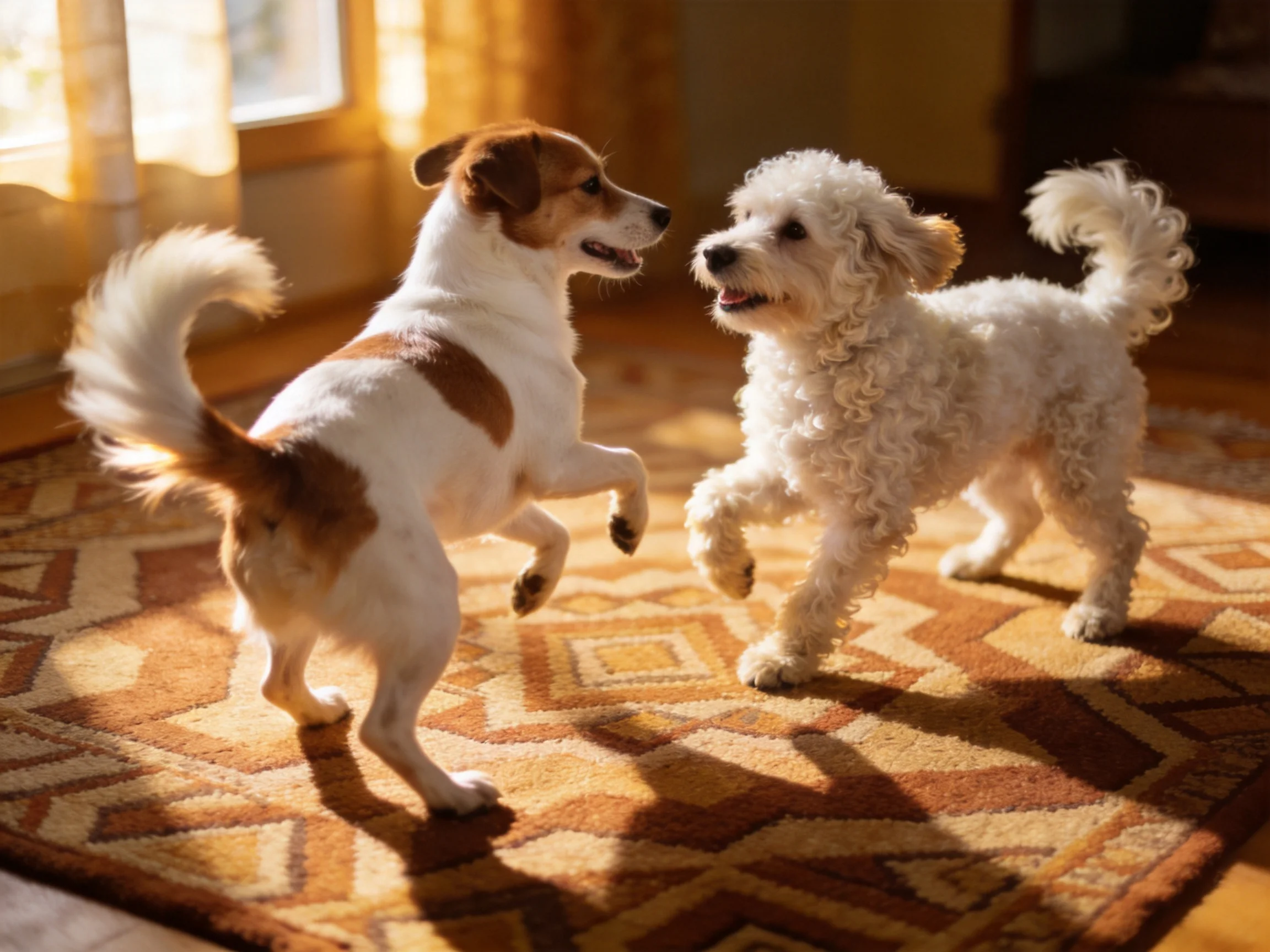 Two dogs of different breeds play on a patterned rug in warm sunlight
