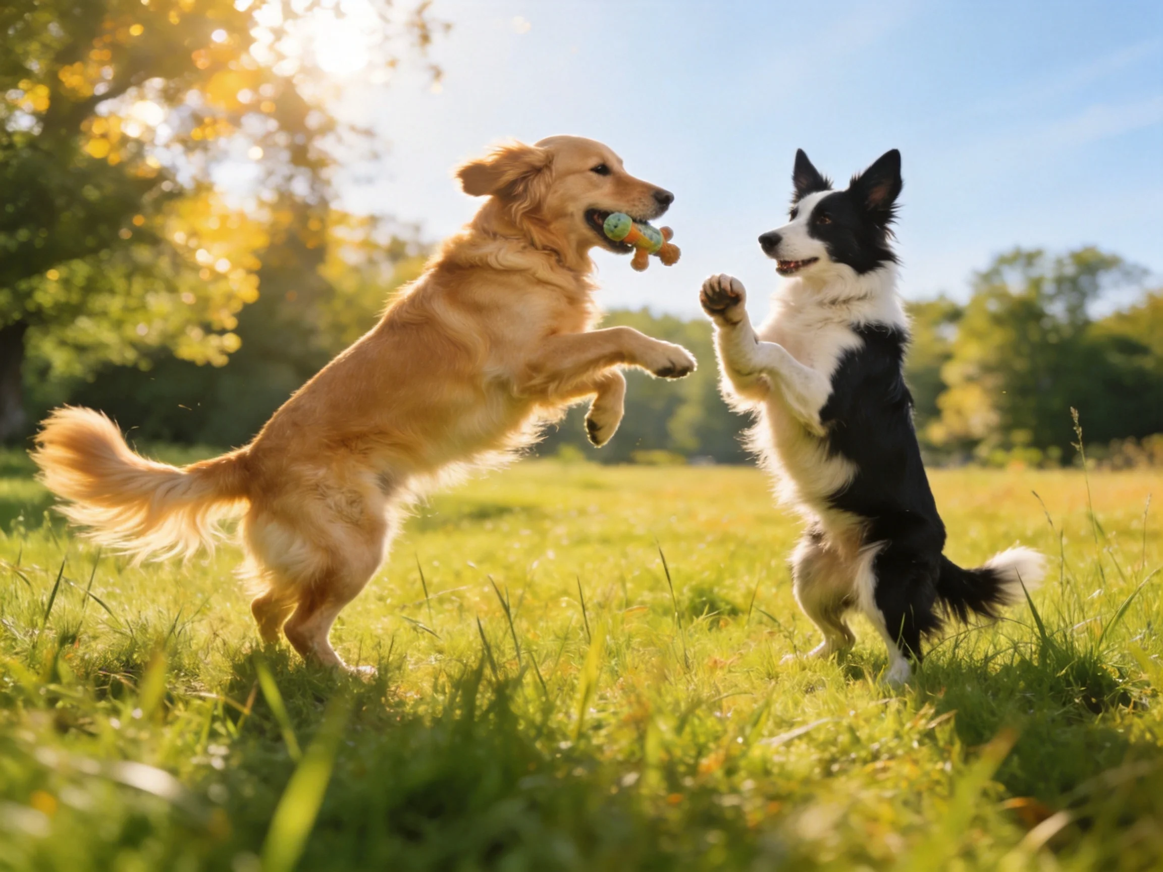 Two dogs of different breeds play with a toy in a sunlit meadow