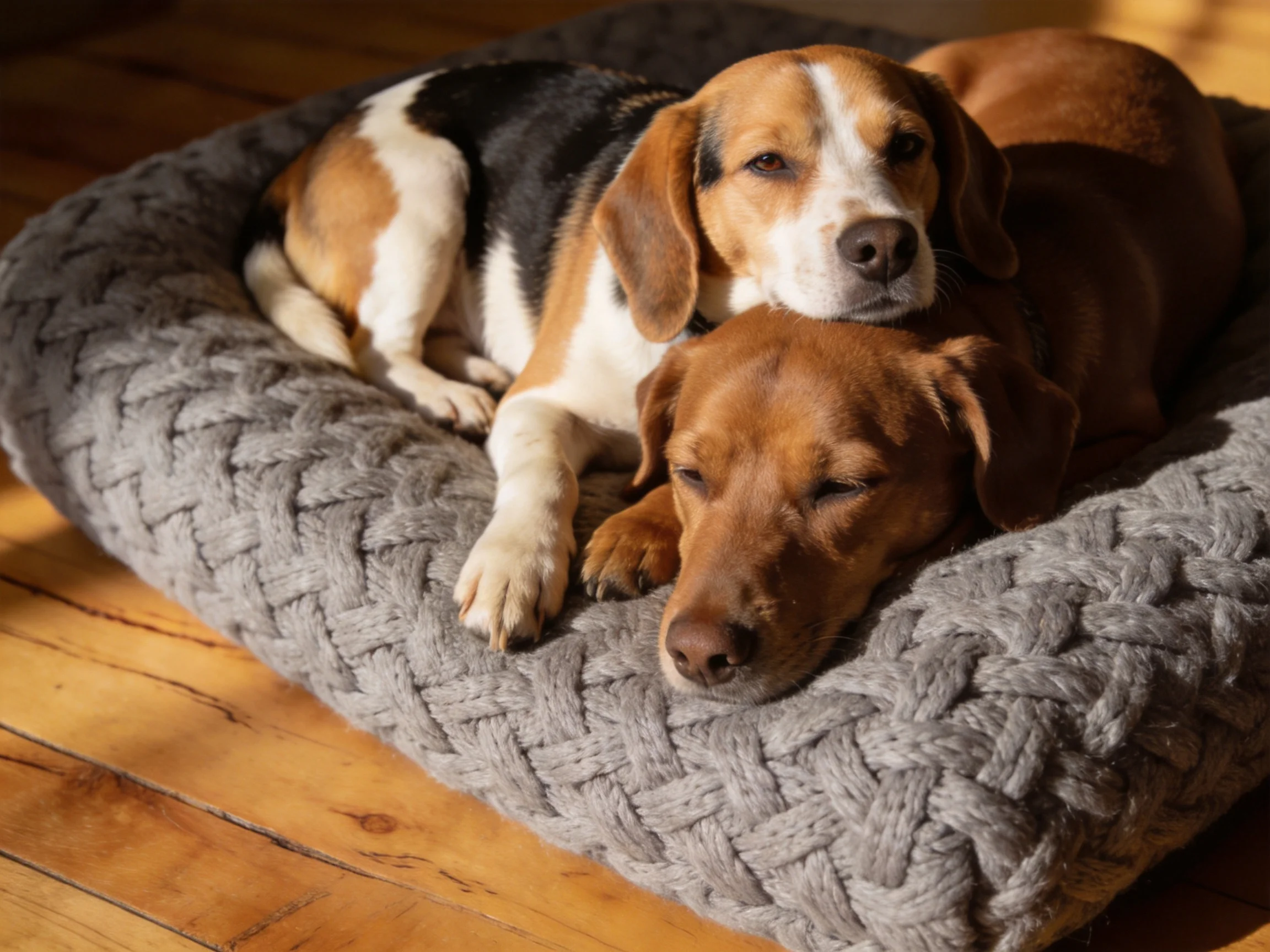 Two dogs of different breeds rest on a chunky gray pet bed near wooden flooring