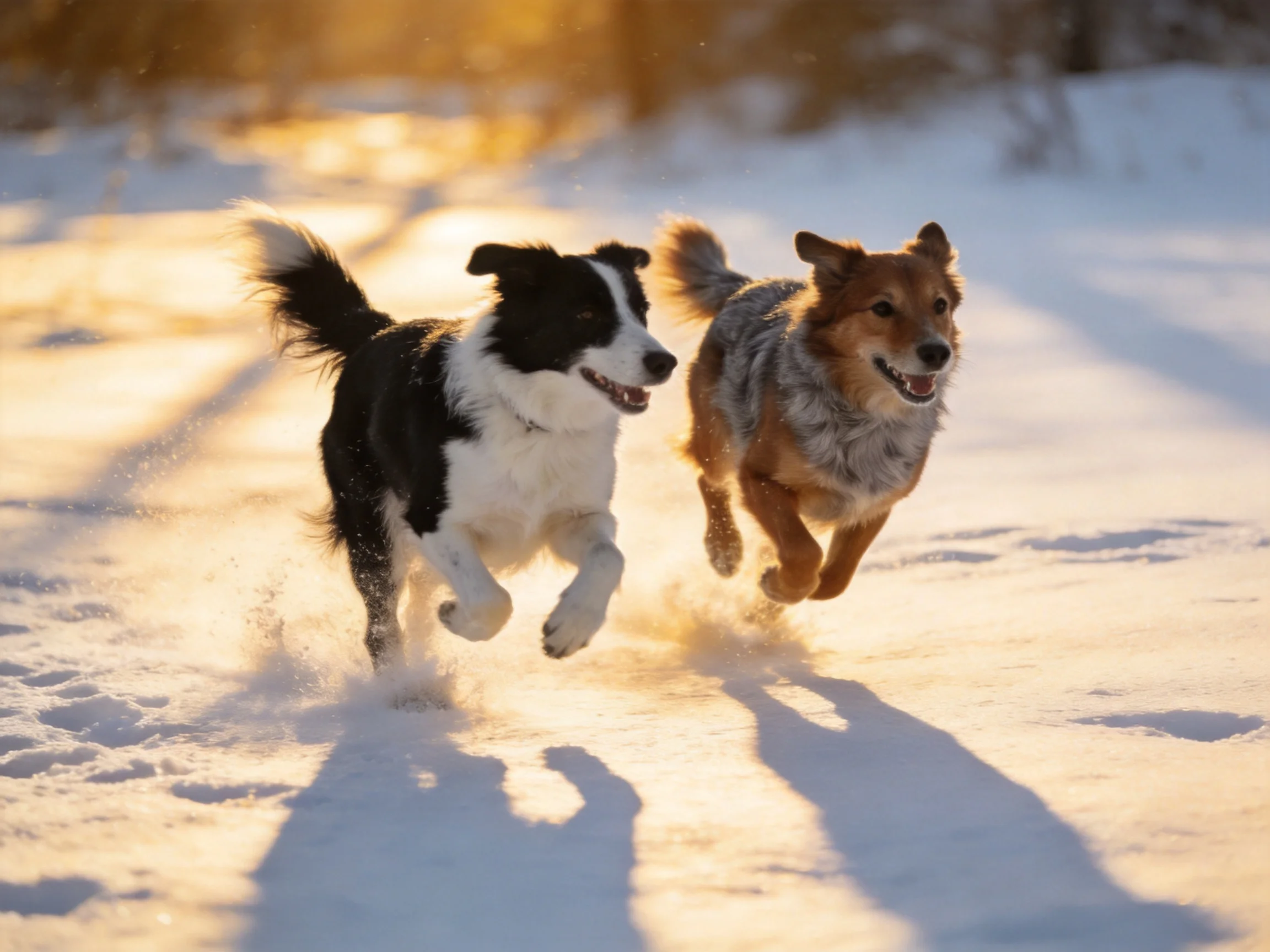 Two dogs of different breeds run through a sunlit snowy landscape