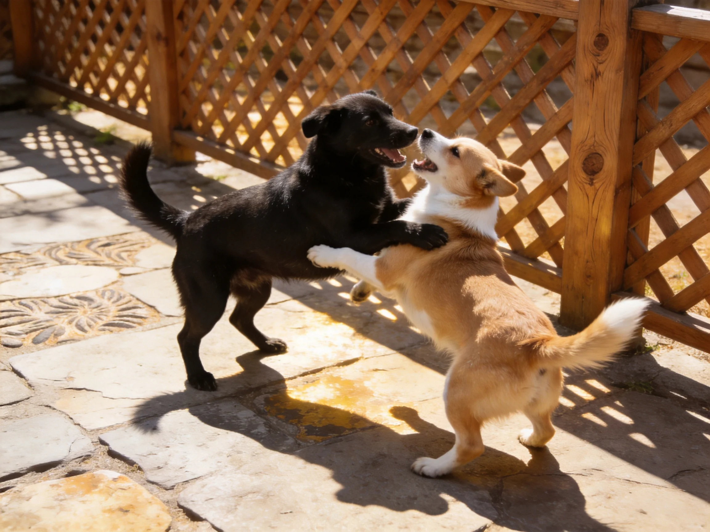 Two dogs of different colors play near a wooden lattice fence