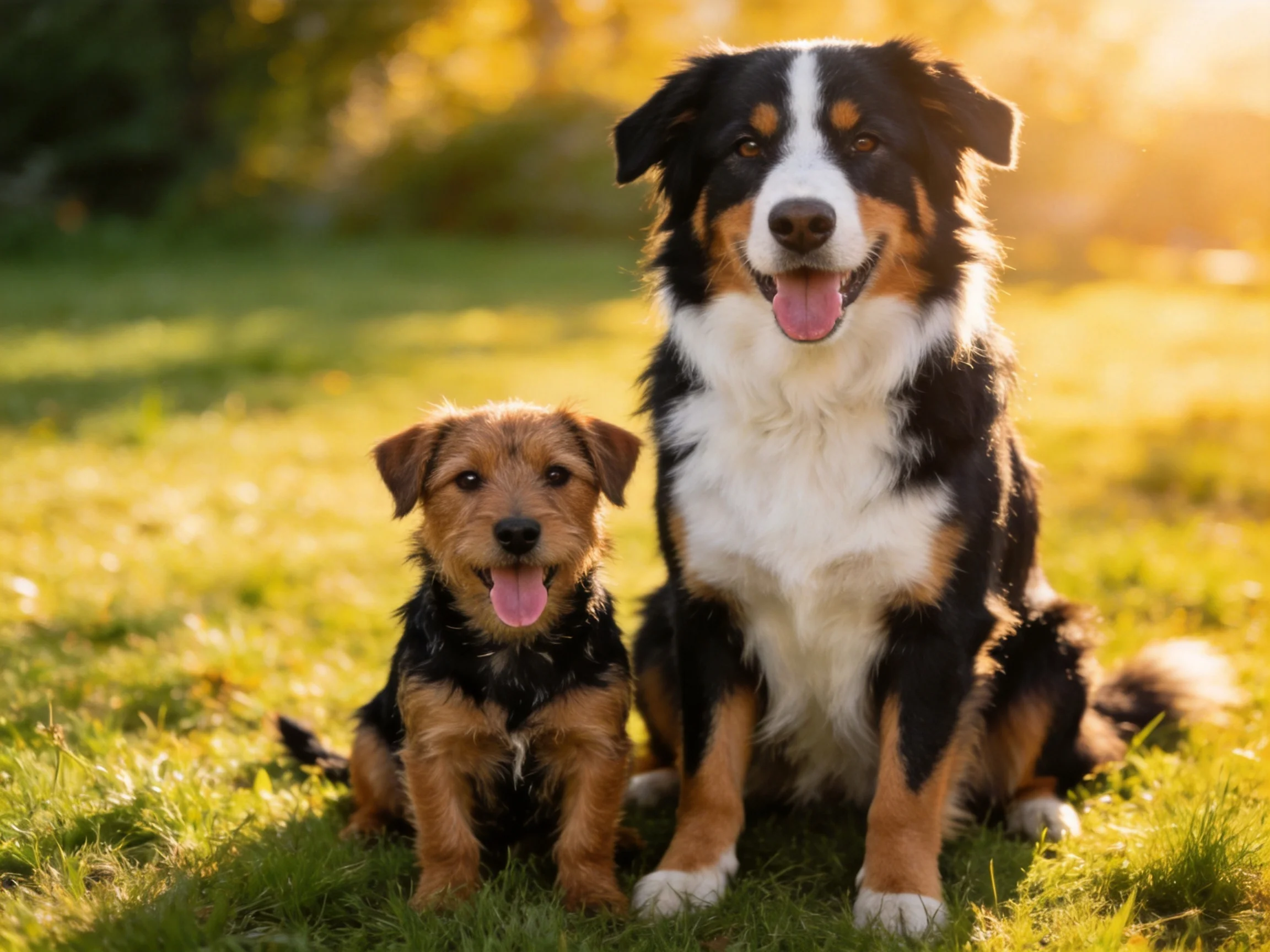 Two dogs of differing breeds rest on a sun-drenched grassy field