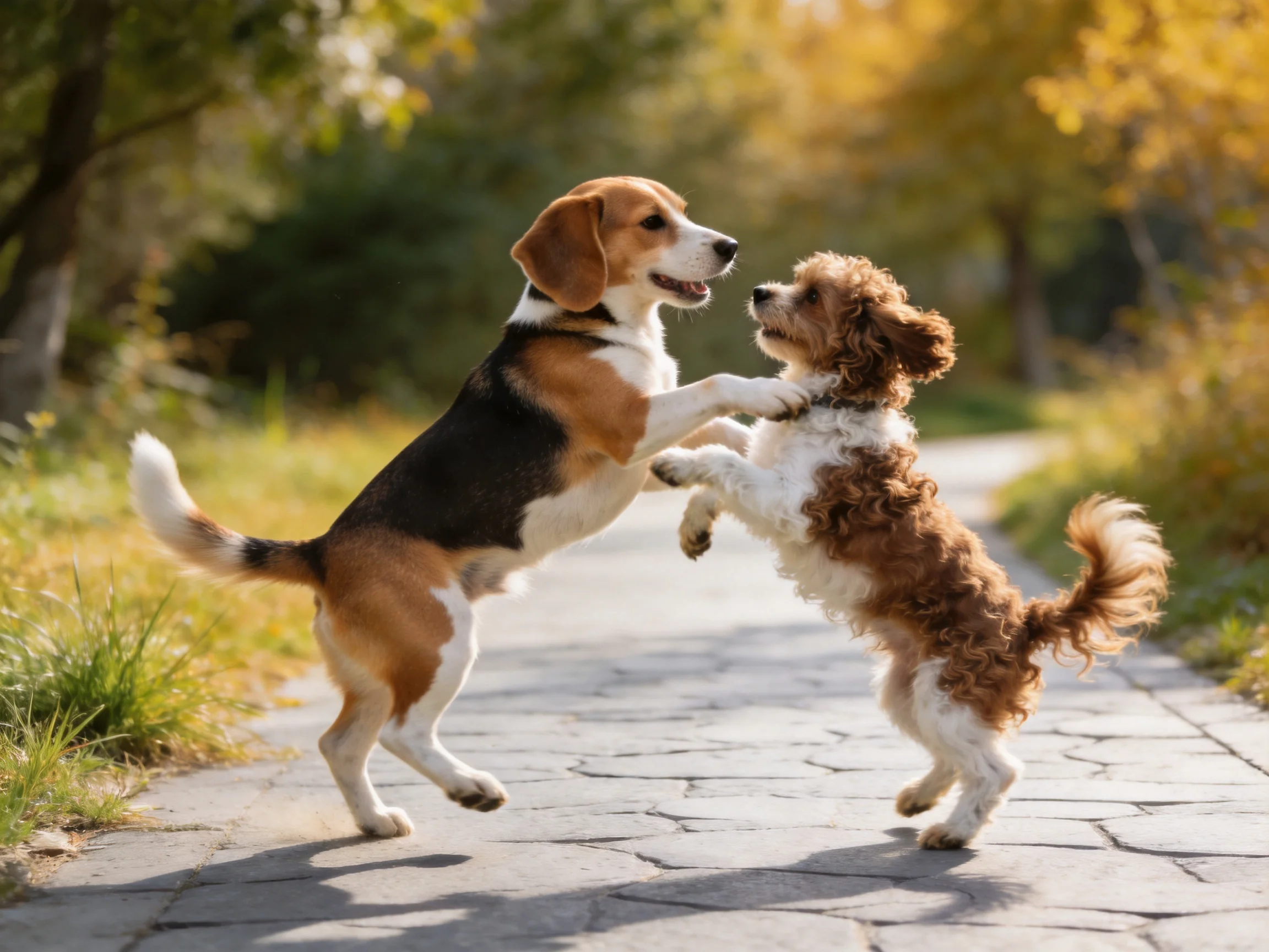 Two dogs of distinct breeds frolic on a stone path near trees