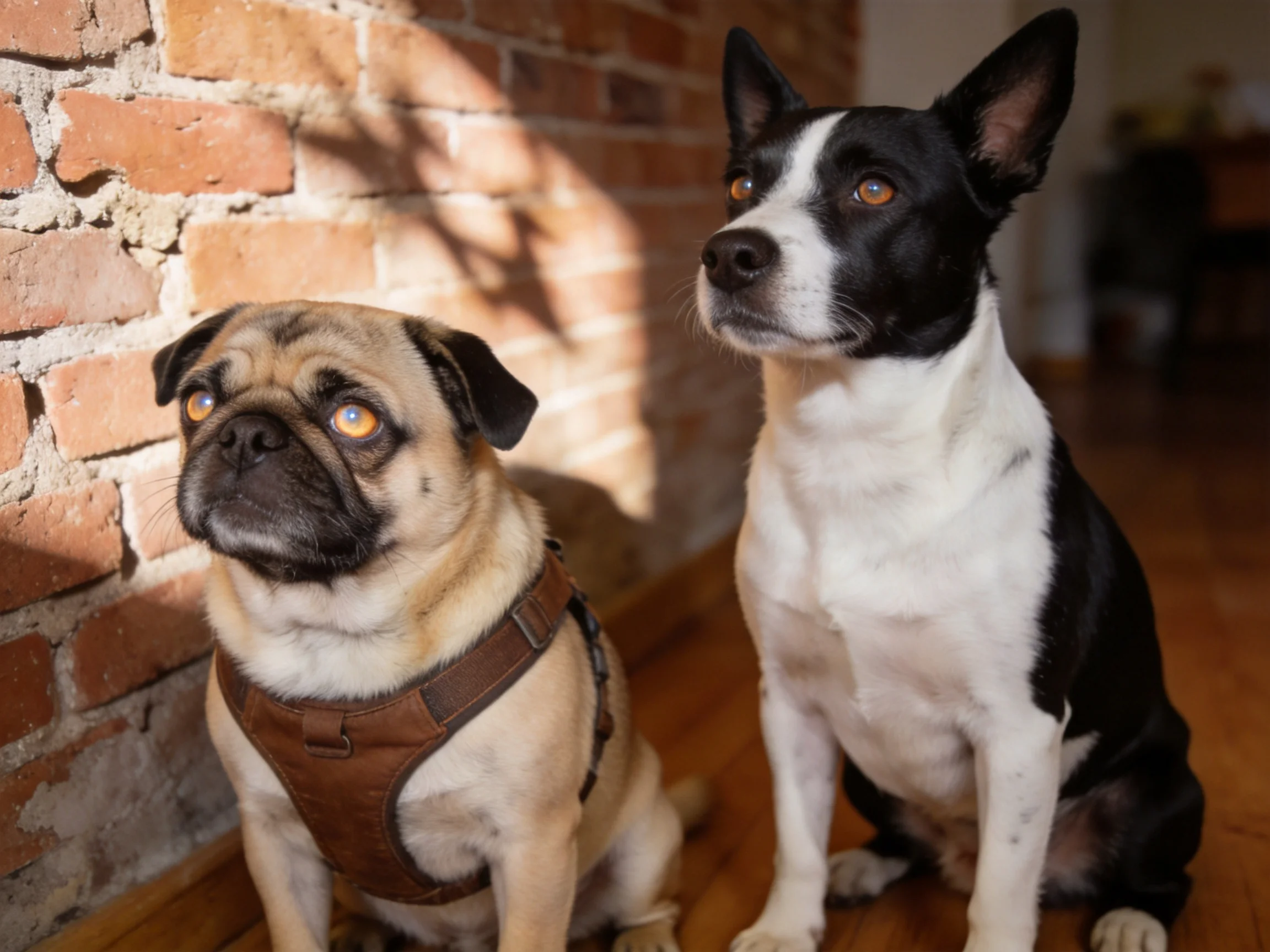 Two dogs of distinct breeds sit near a brick wall on wood flooring