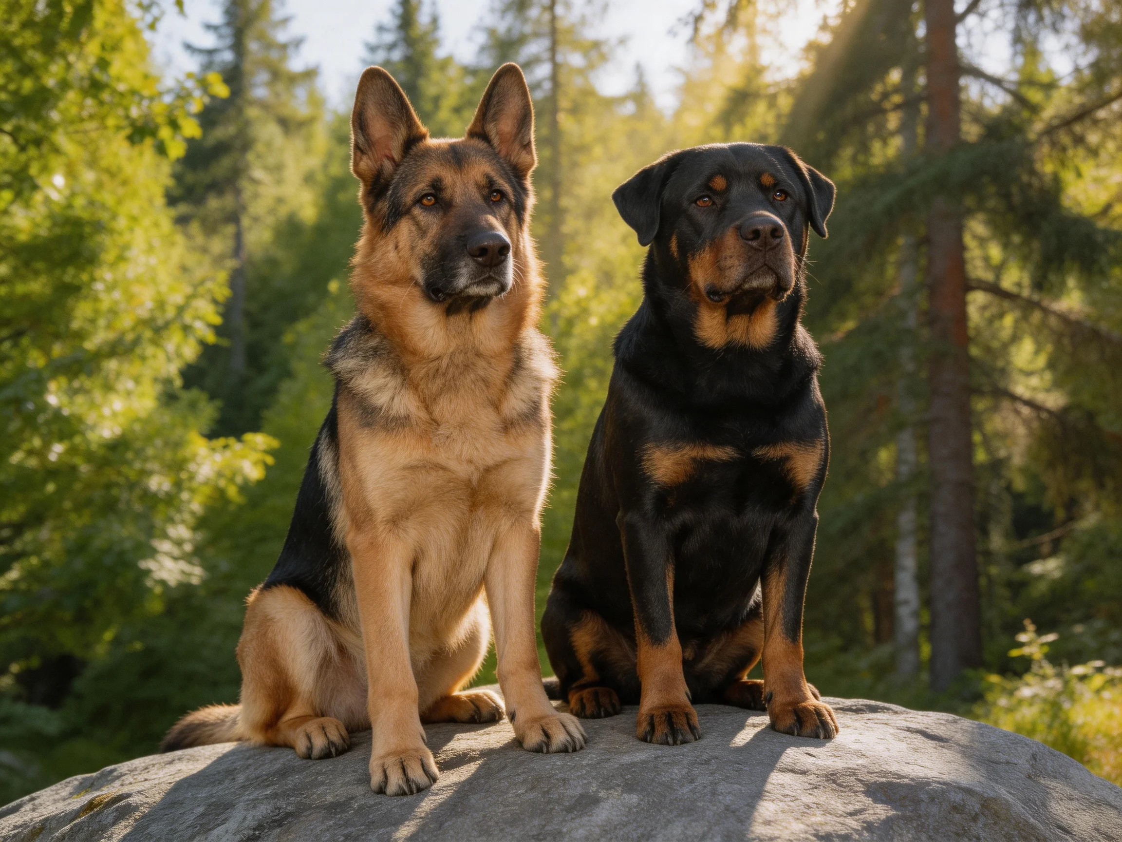 Two dogs of distinct breeds sit on a large gray rock amid lush green trees