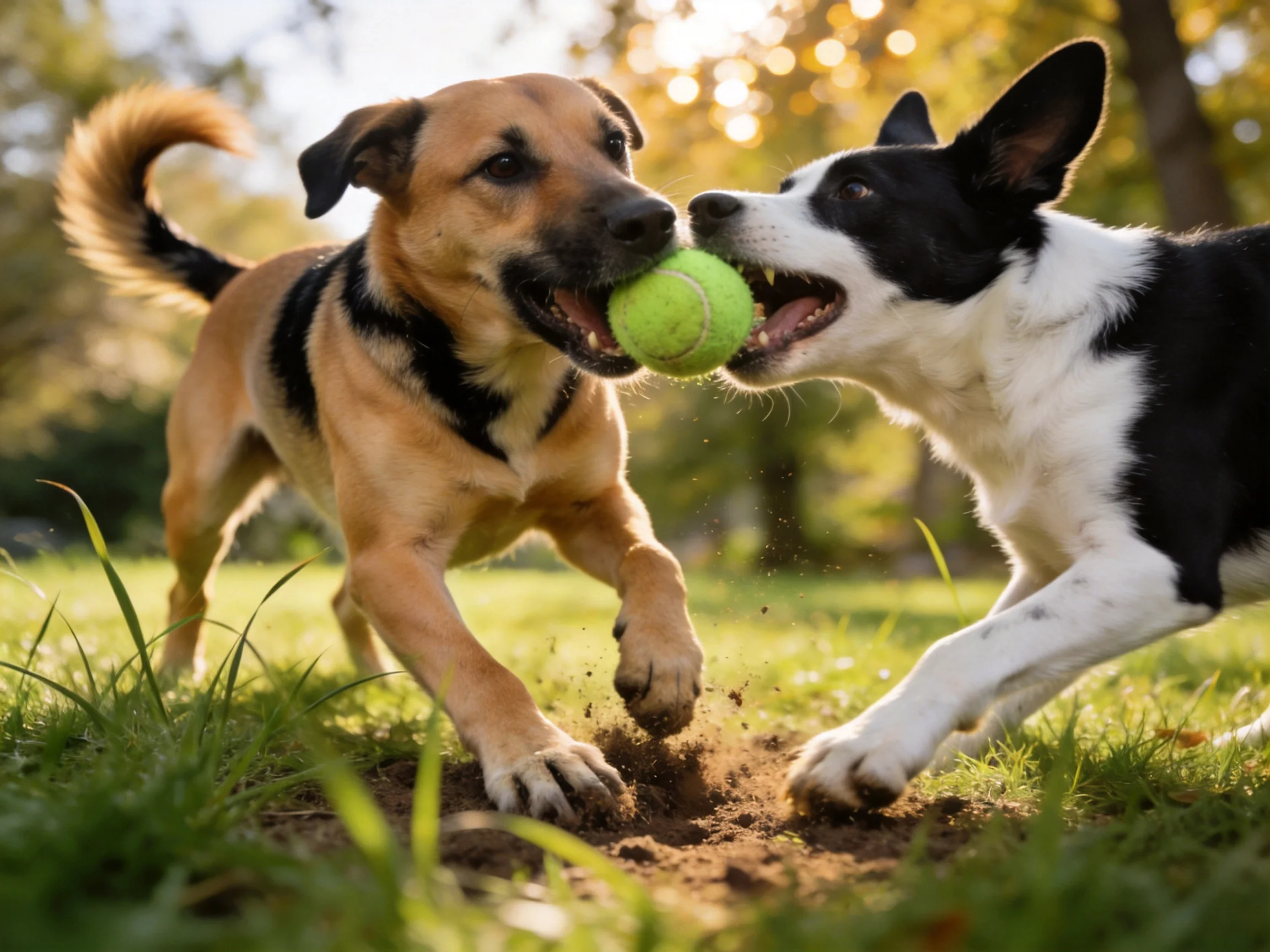 Two dogs of distinct colors tugging at a bright green tennis ball outdoors