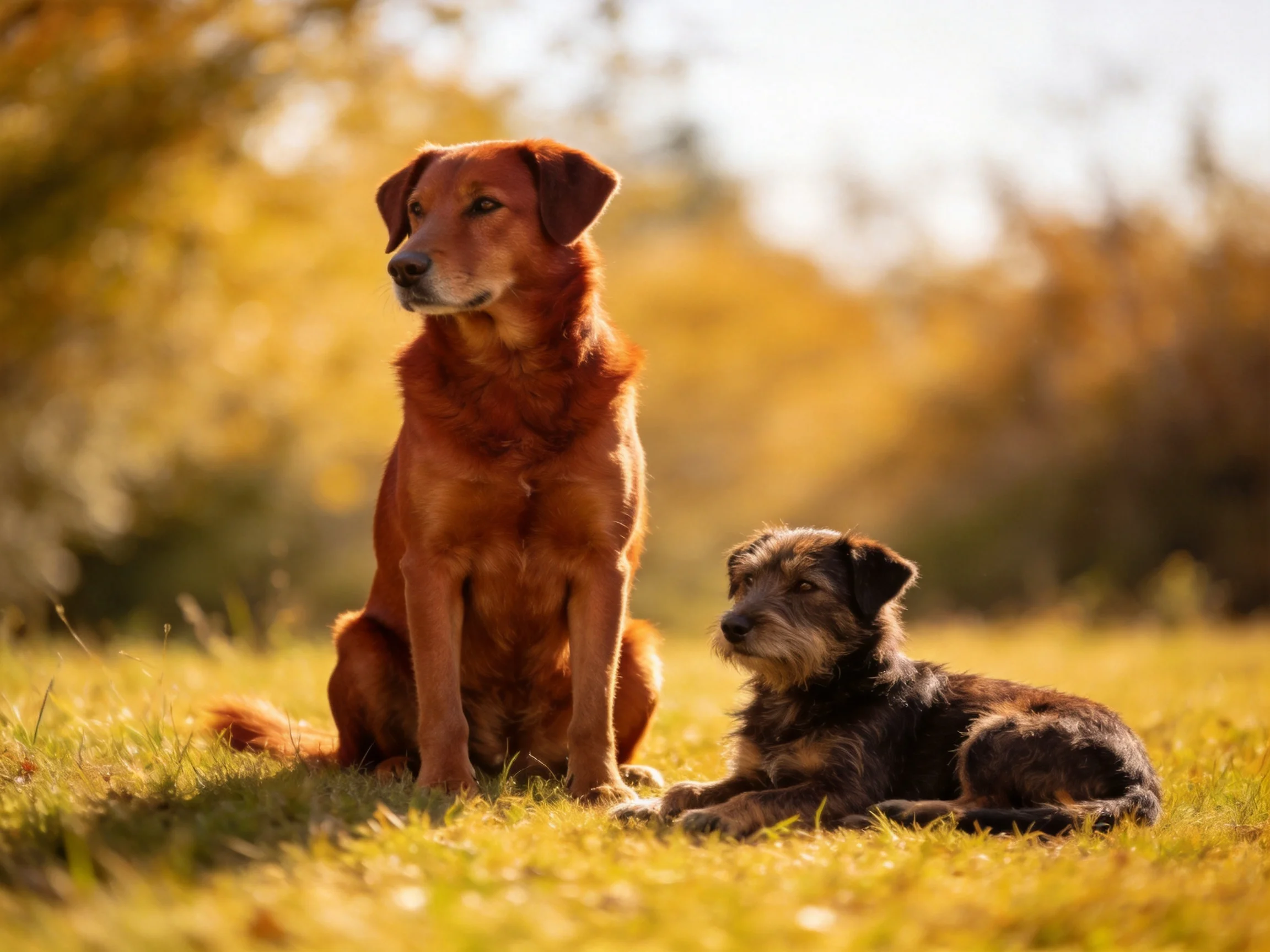Two dogs of varying sizes rest on a sunlit grassy field