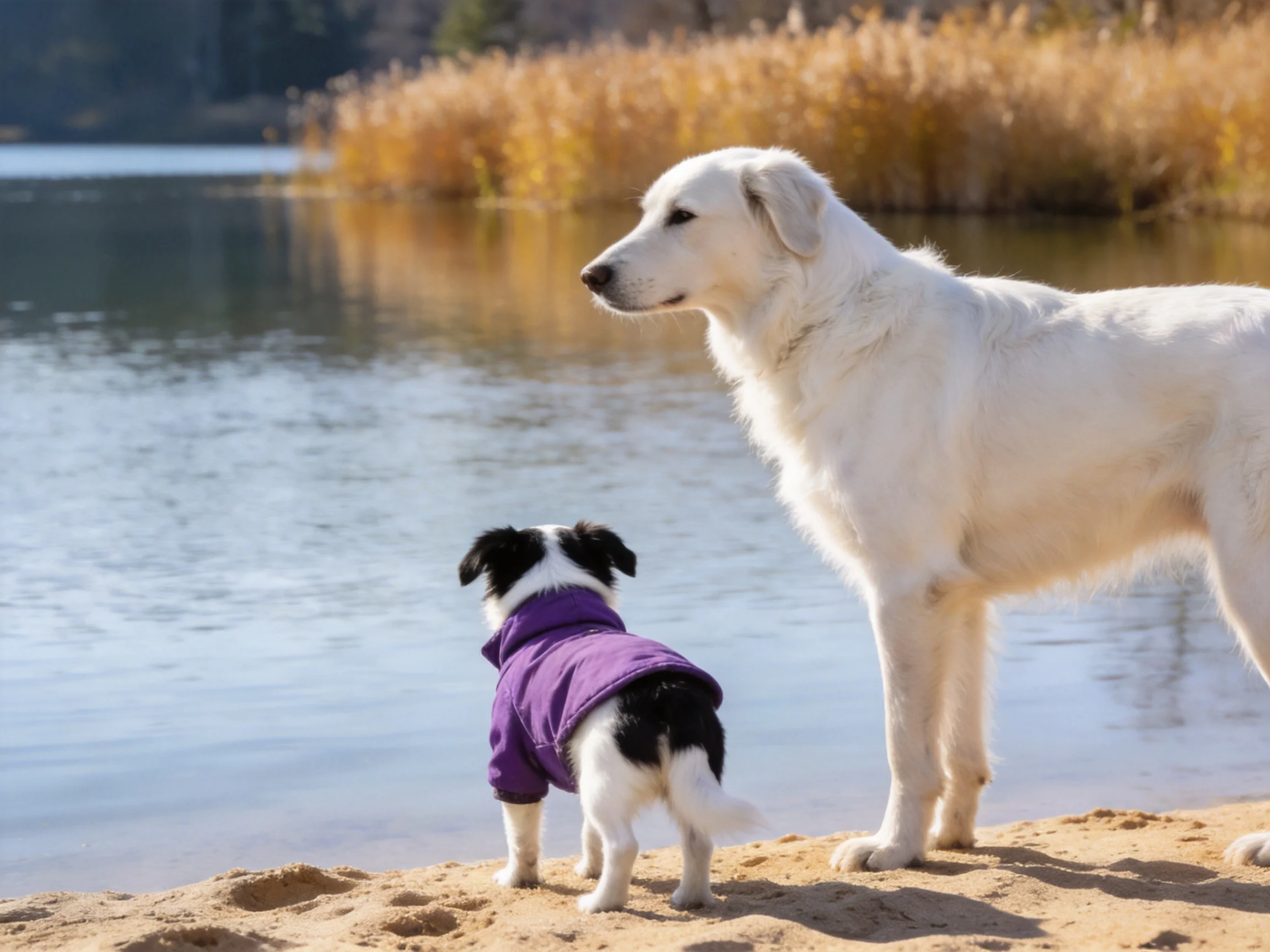Two dogs of varying sizes stand by a calm lake shore