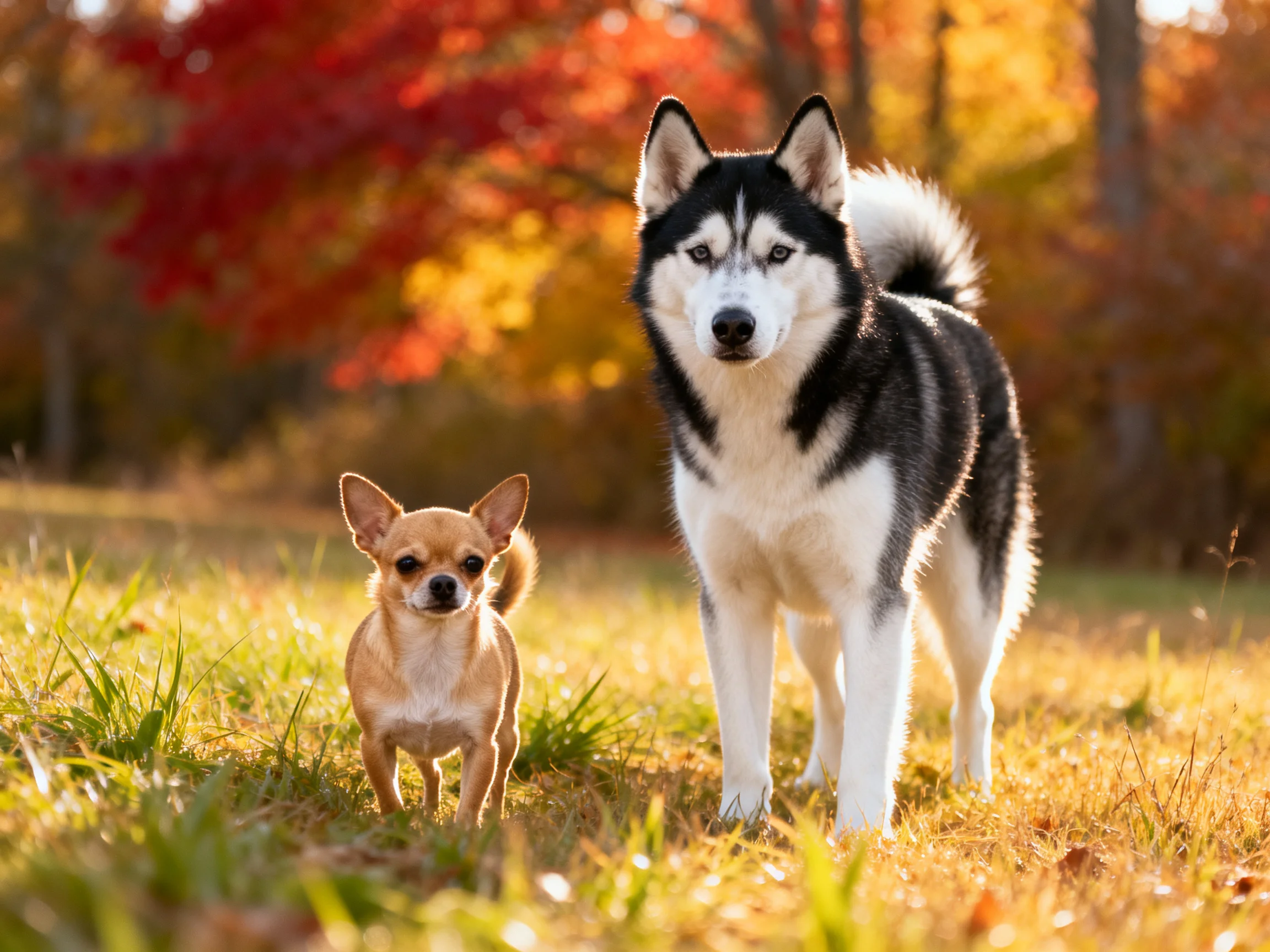 Two dogs of varying sizes stand in golden autumn grass