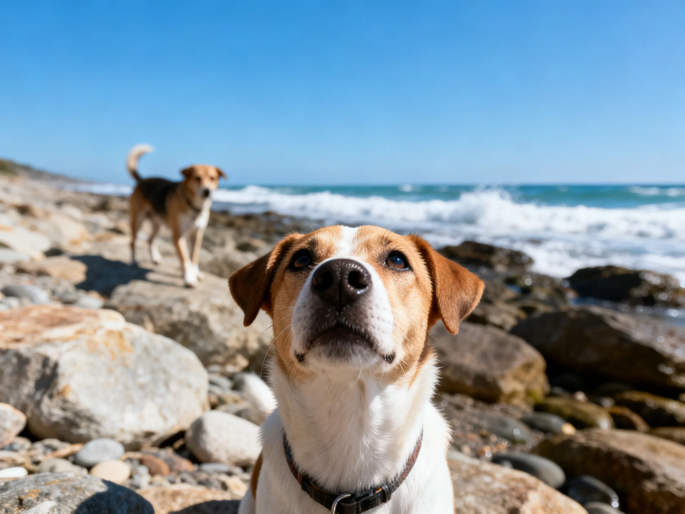 Two dogs on rocky shore by crashing waves under bright blue sky
