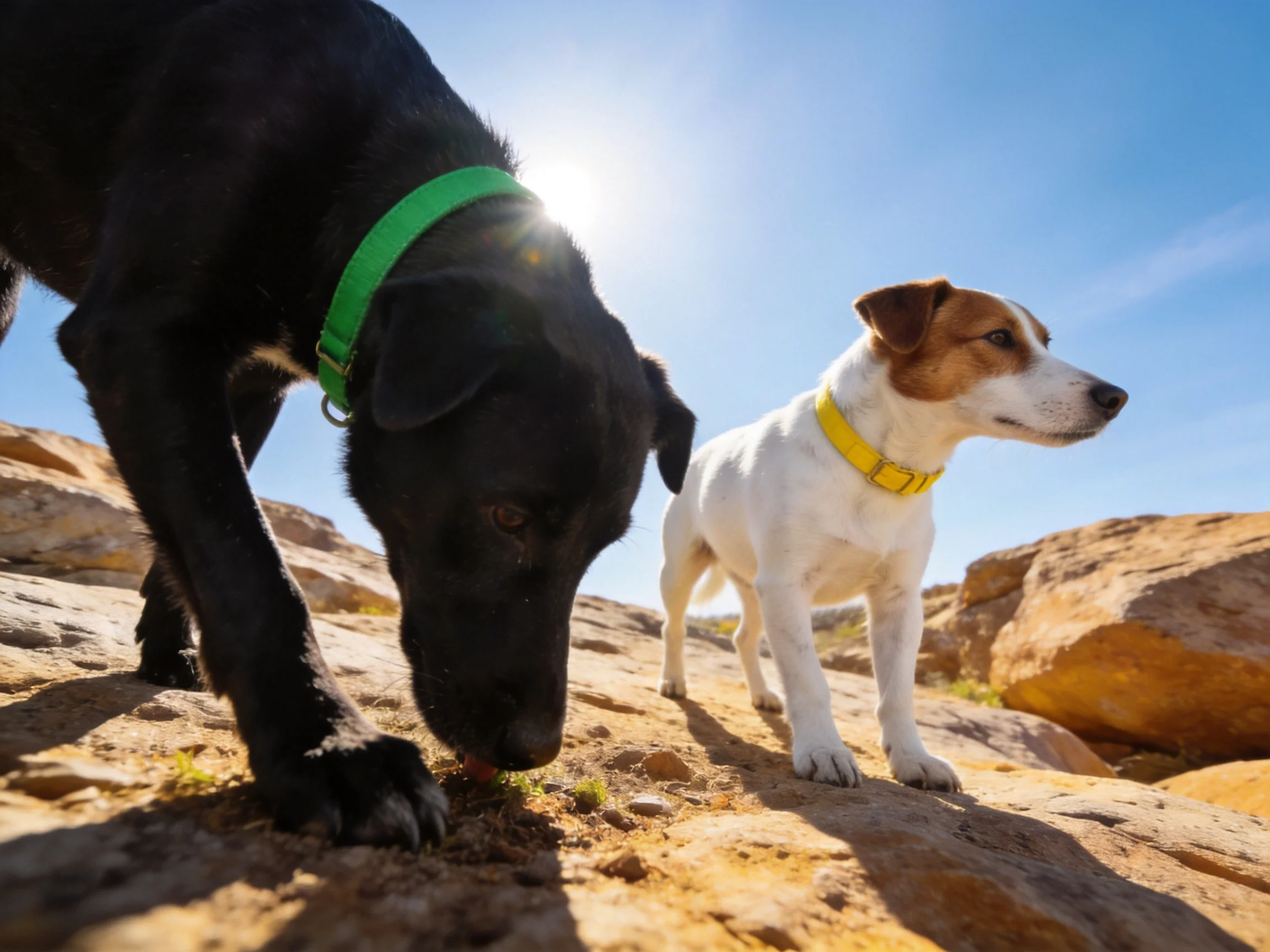 Two dogs on rocky terrain—one black with green collar, one white with yellow collar