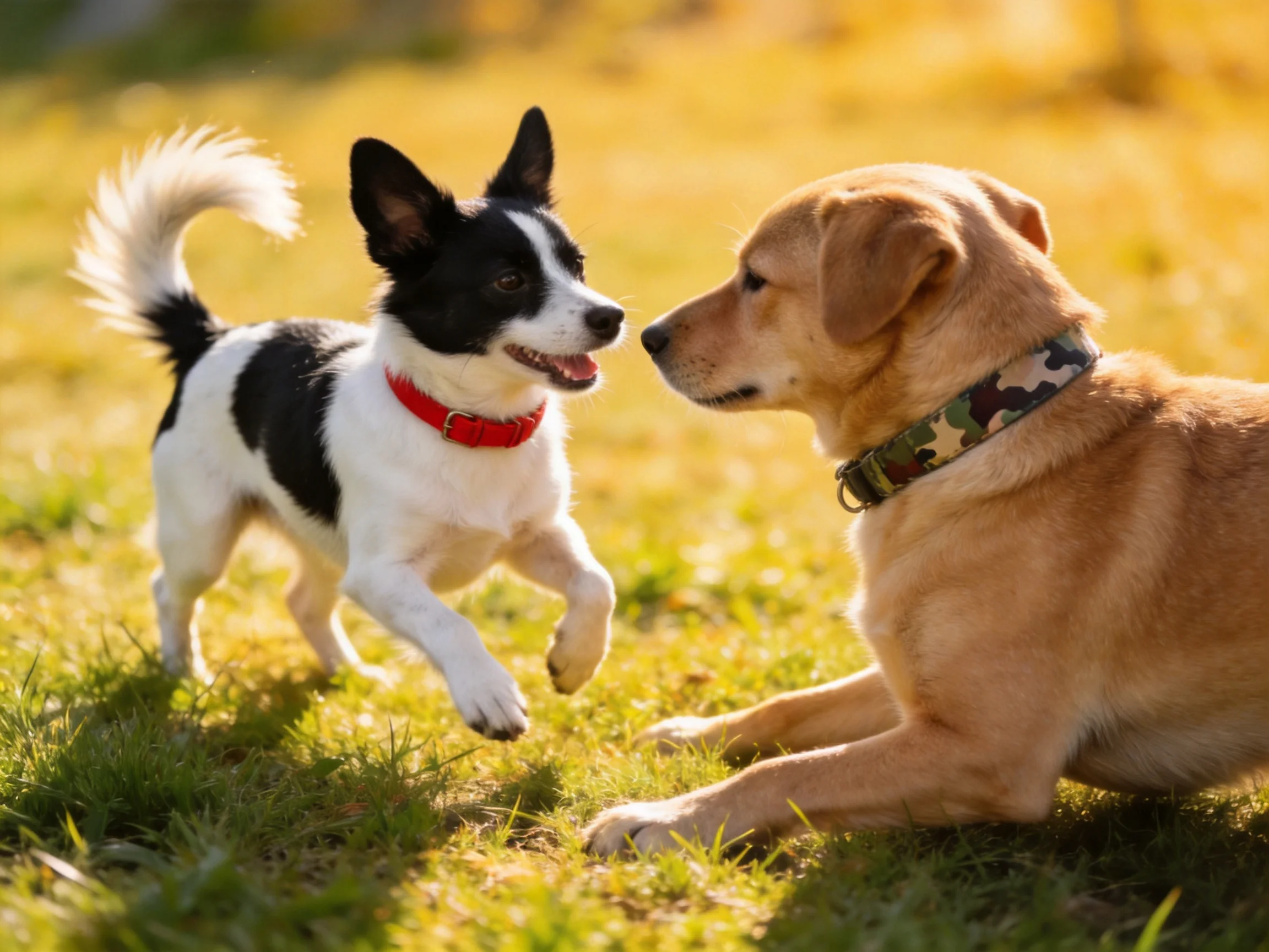 Two dogs interact playfully in a sunlit outdoor area.