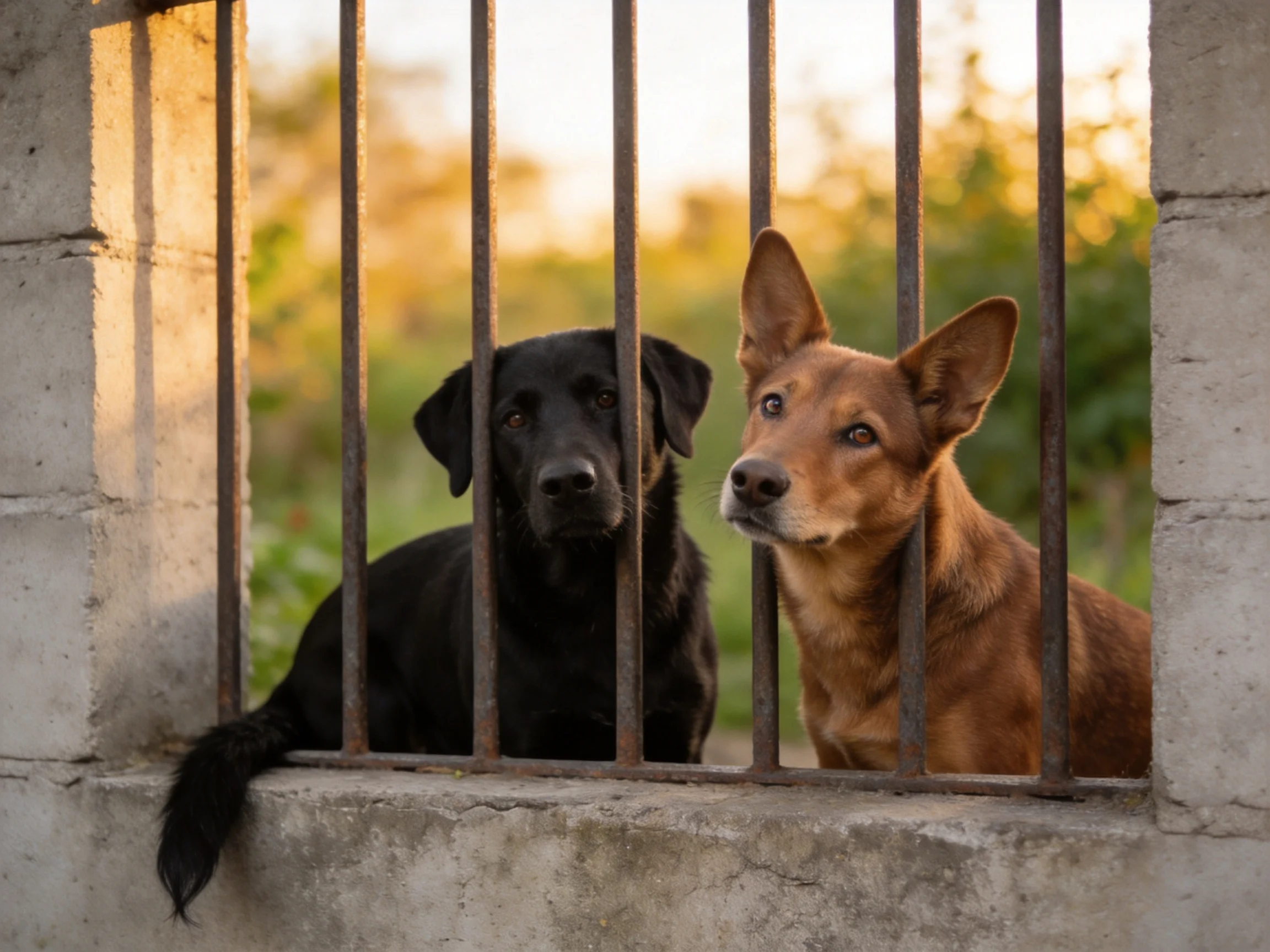 Two dogs look out from behind metal bars in a sunlit outdoor setting.