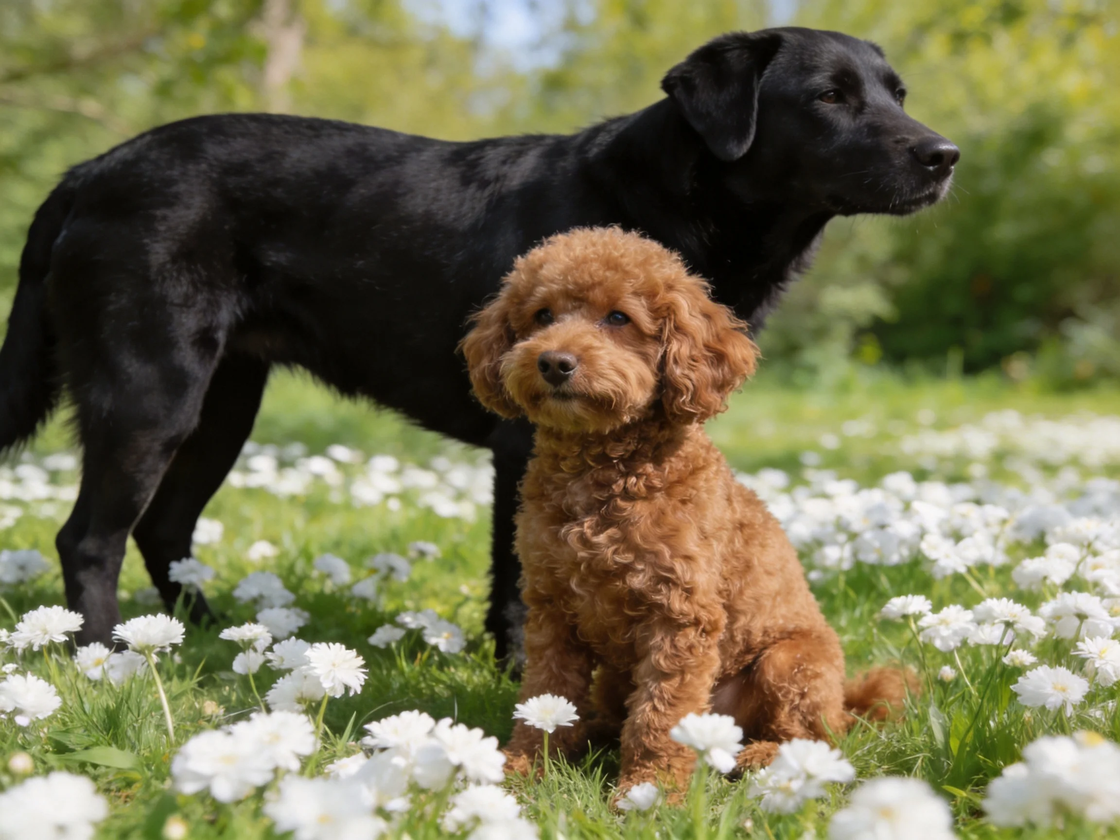 A black dog stands behind a brown dog sitting in a flower-filled meadow.