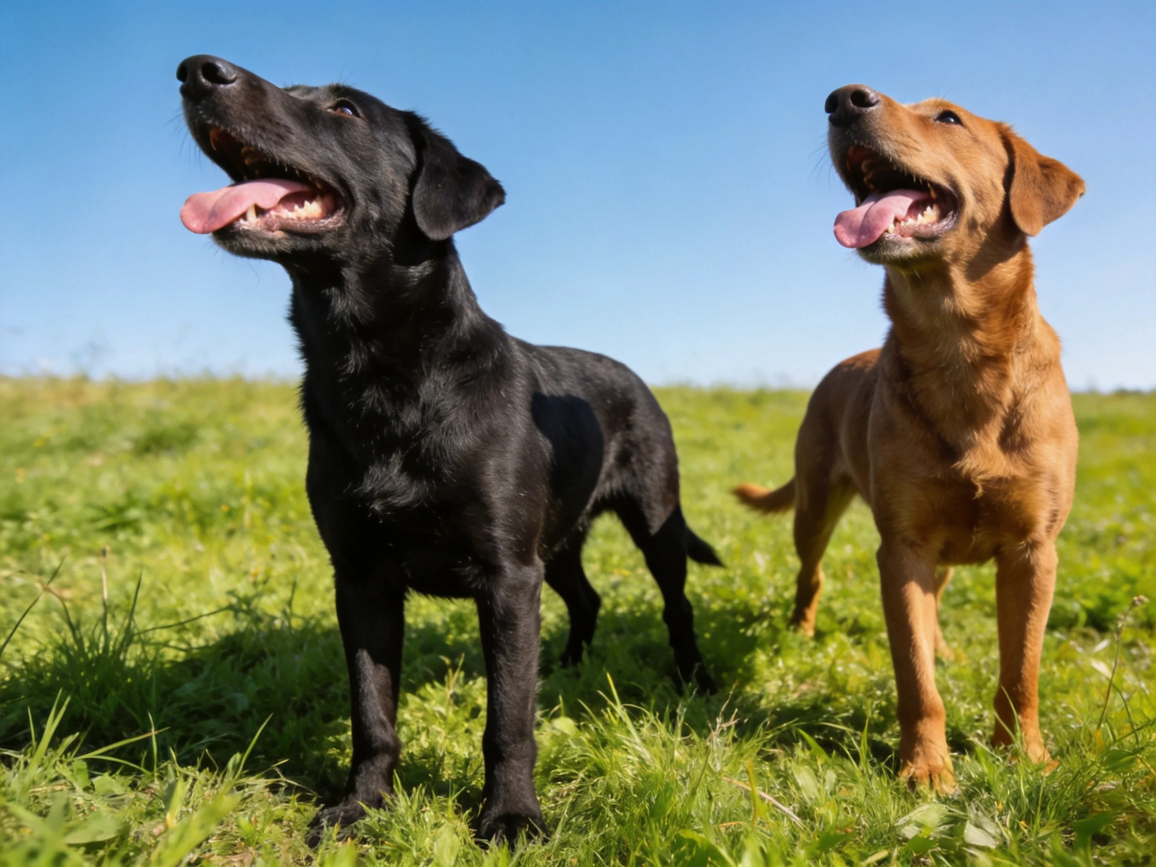Two dogs stand together in a sunlit grassy field