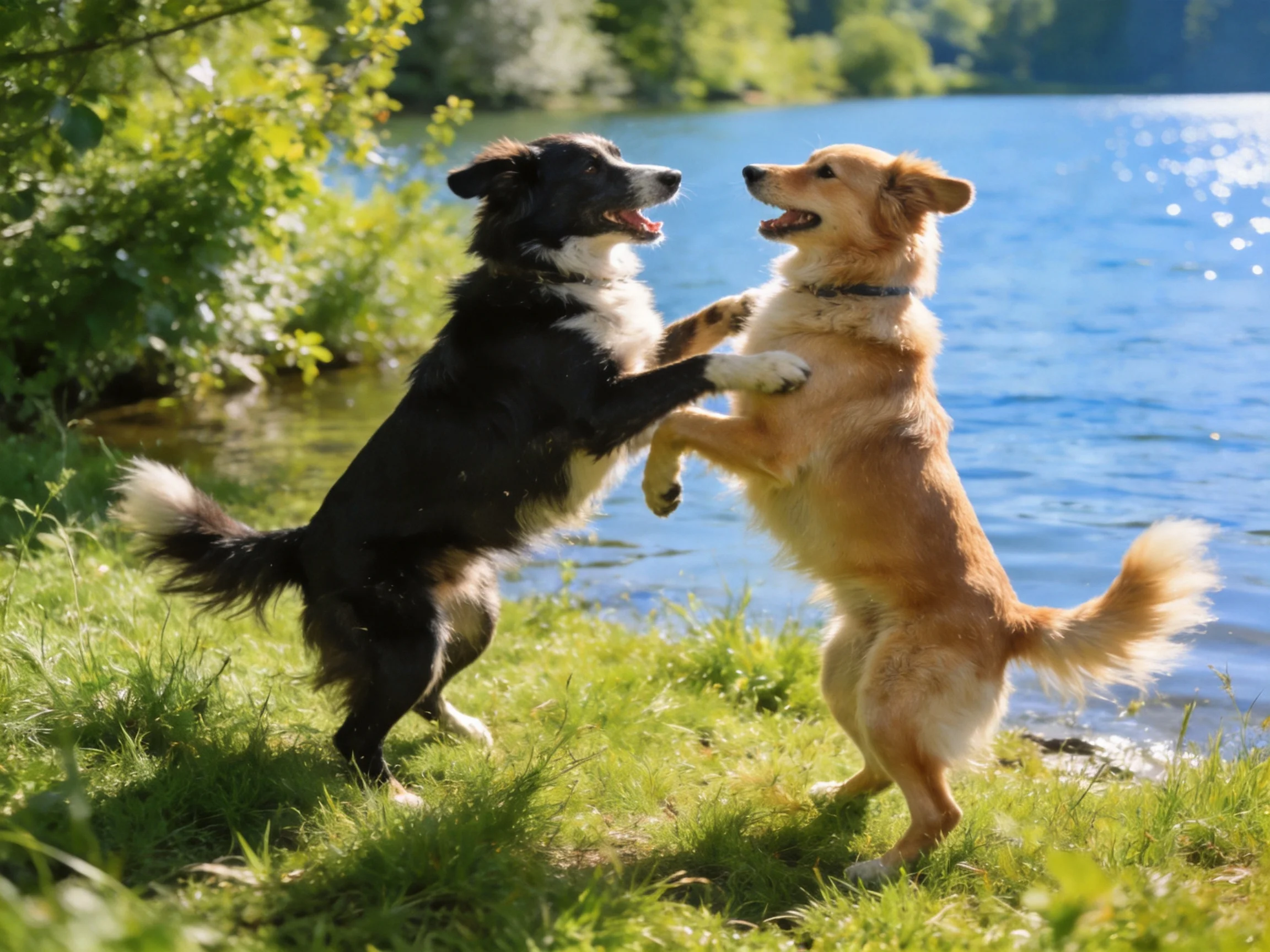 Two dogs, one black and one tan, play by a shimmering lakeside