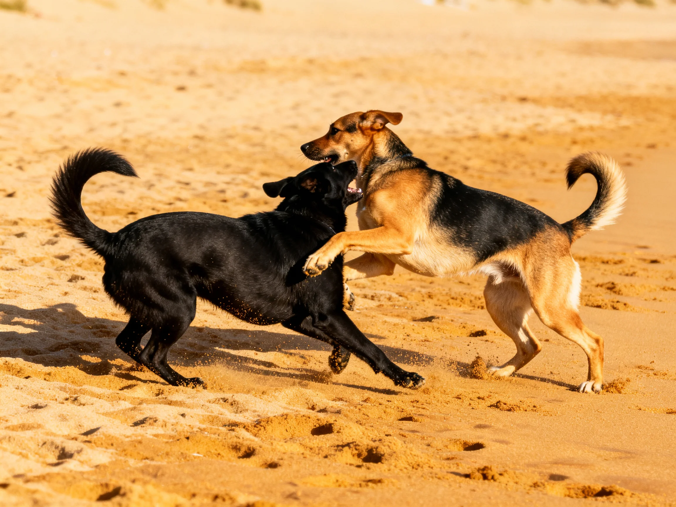 Two dogs, one black and one tan, play on a sandy beach