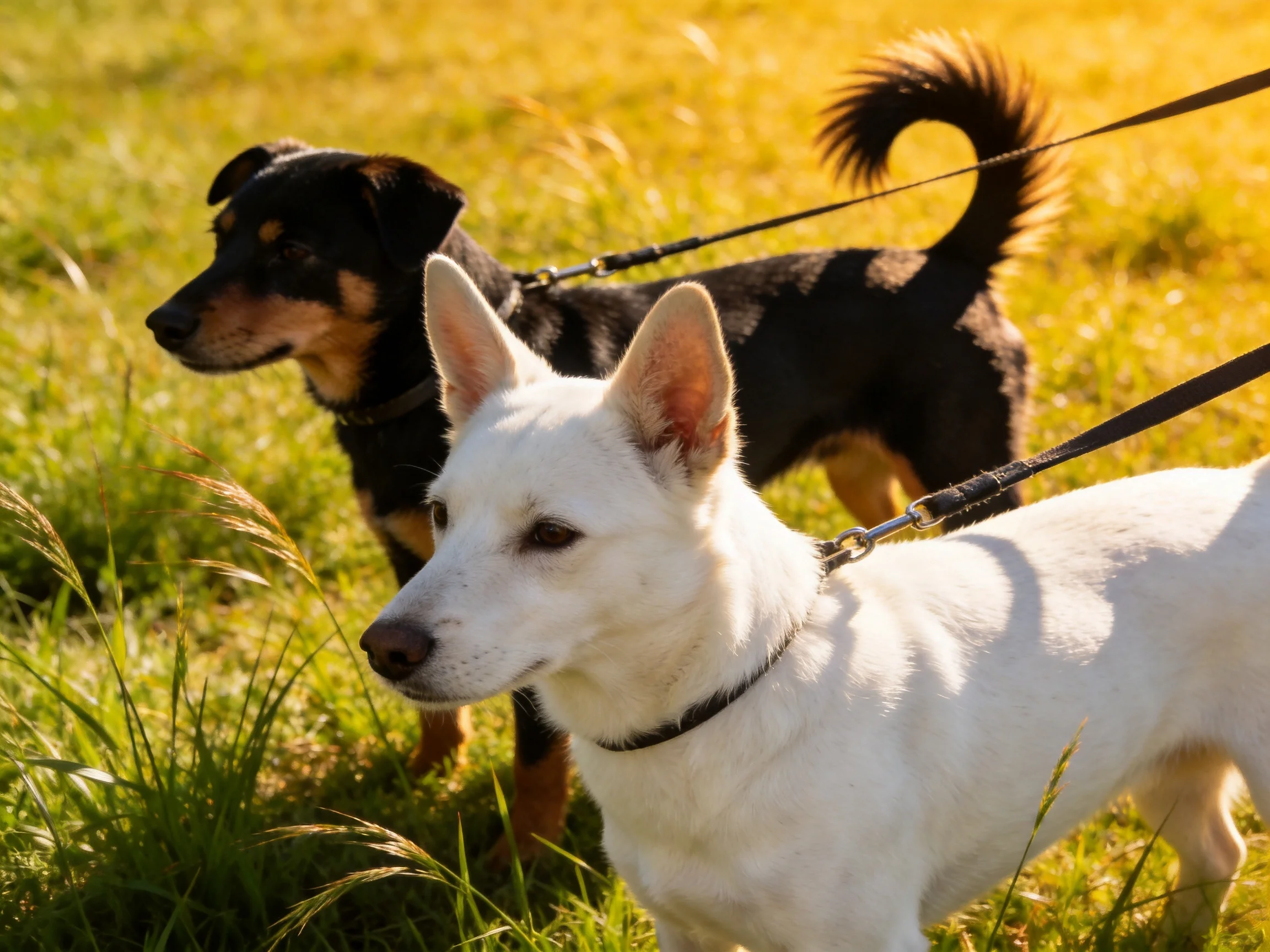 Two dogs, one black and one white, stand on a grassy field.