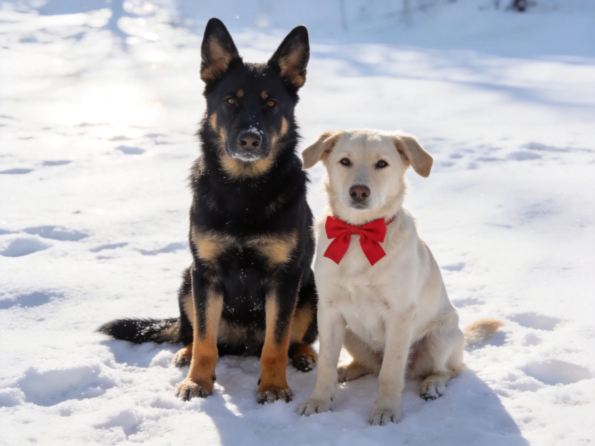 Two dogs sit side by side on a snowy surface.