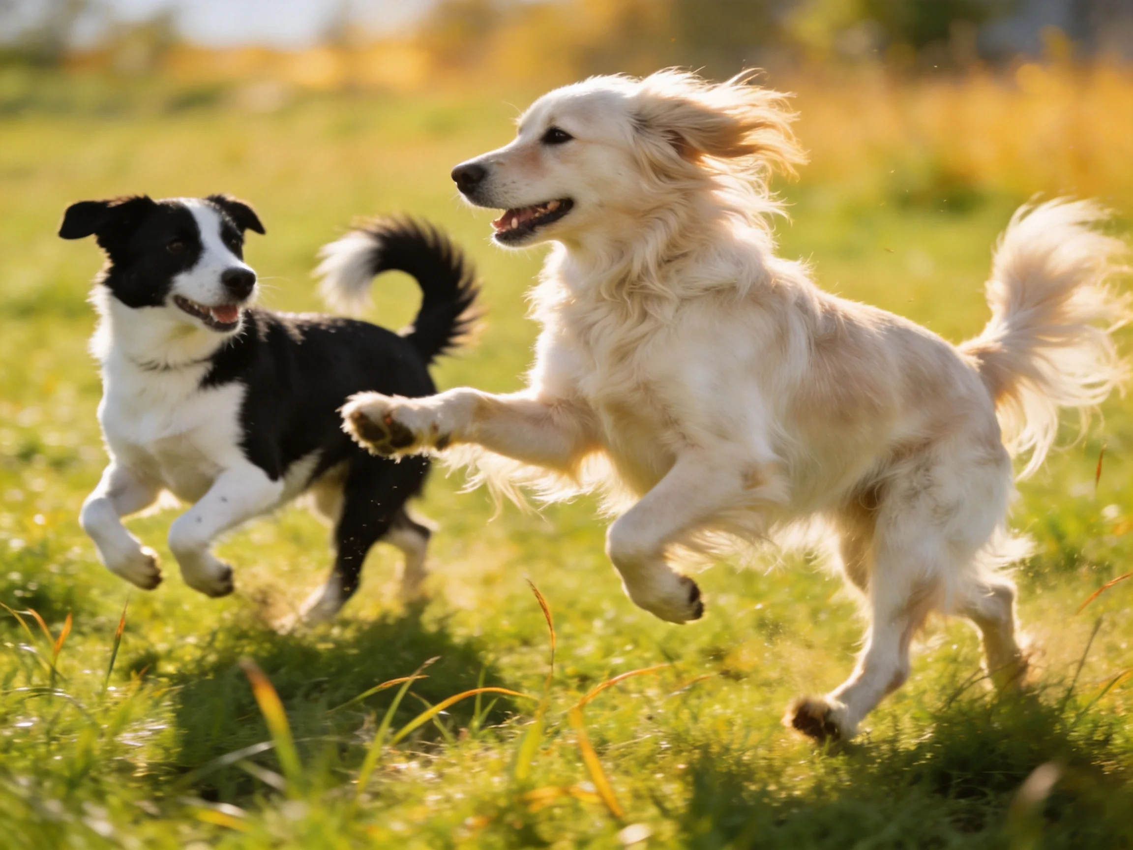 Two dogs—one black and white, one golden—play in a sunlit grassy field