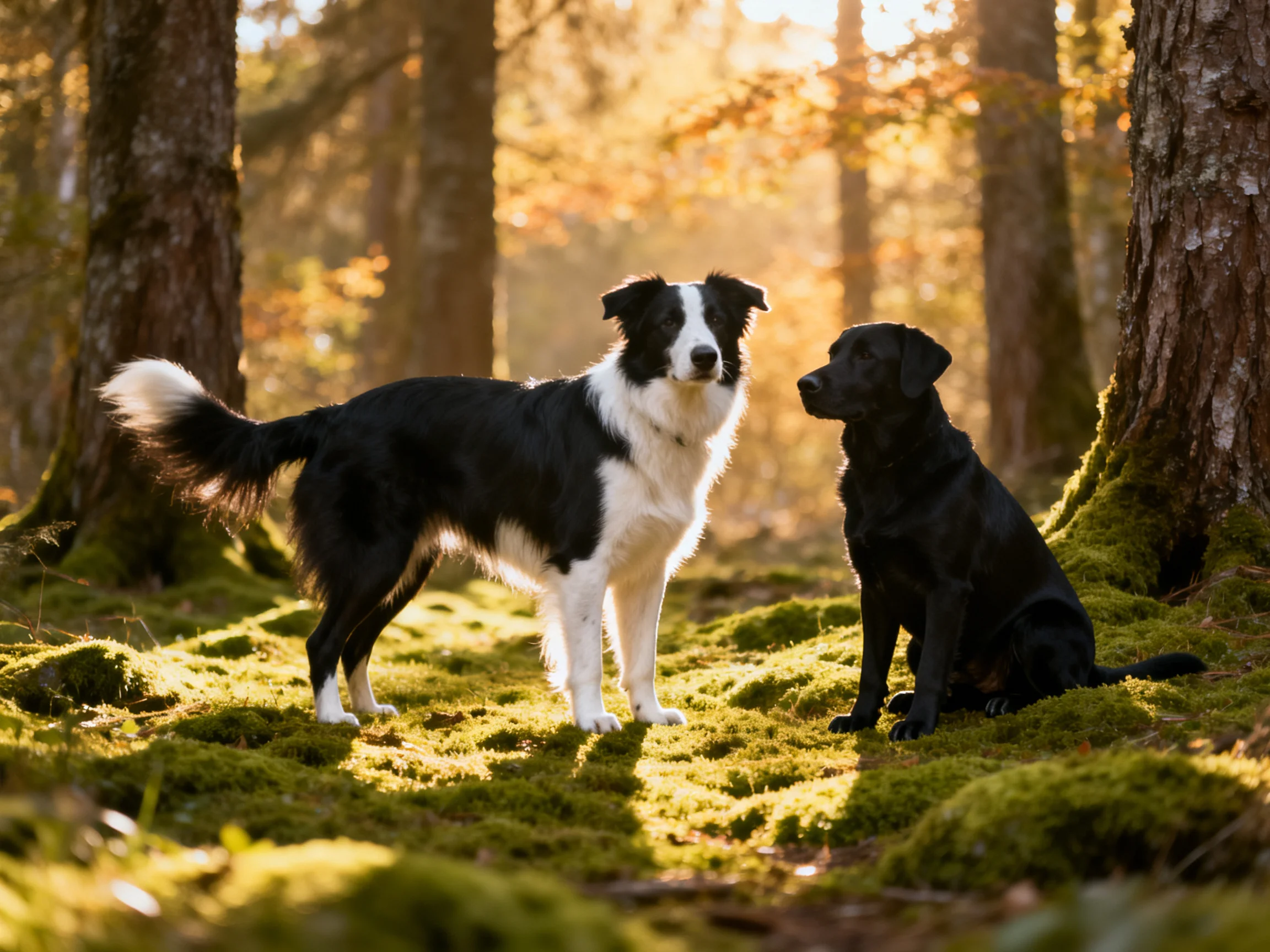 Two dogs interact on mossy ground in a sunlit forest.