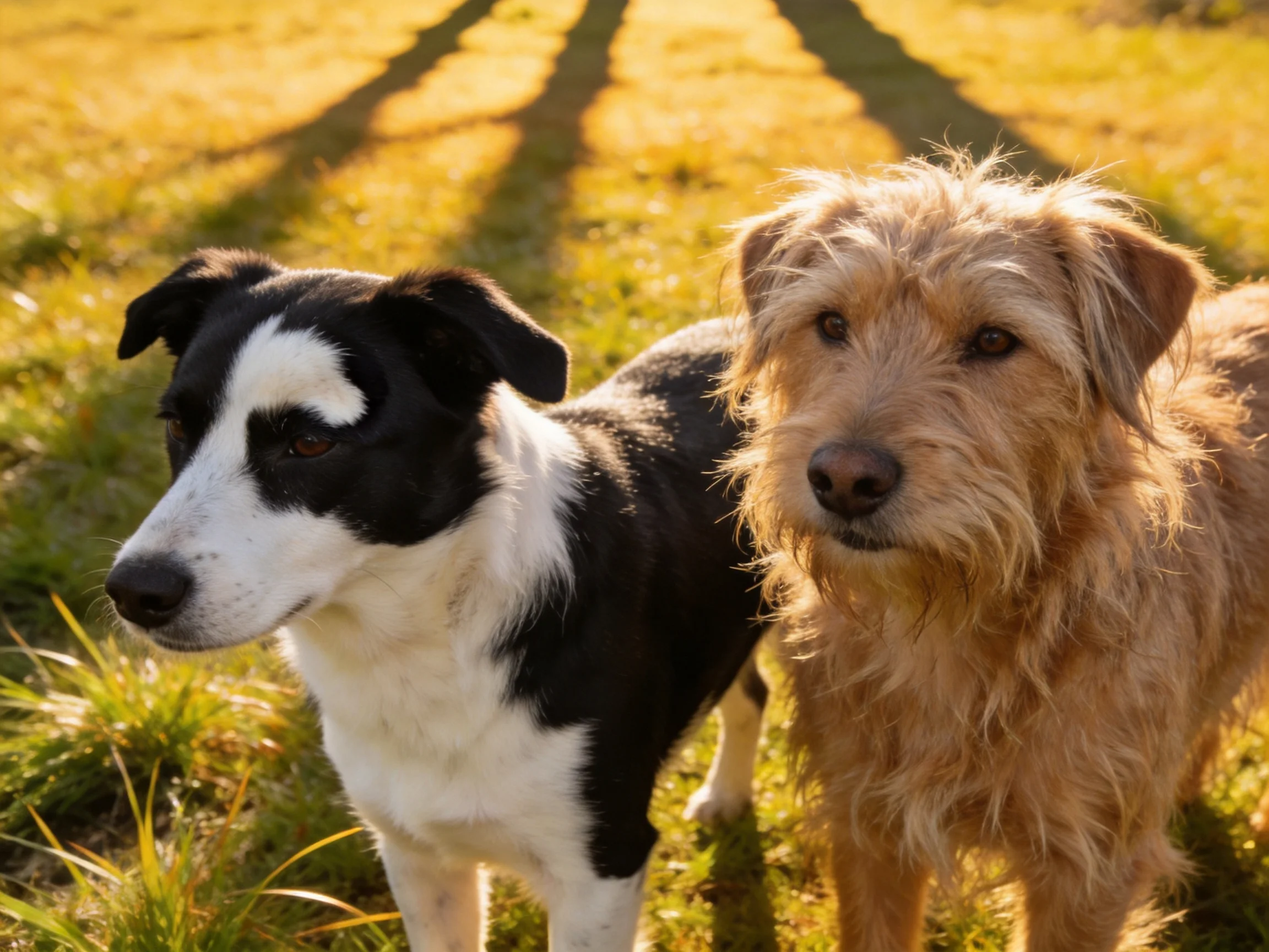 Two dogs stand side by side on a sunlit grassy area.
