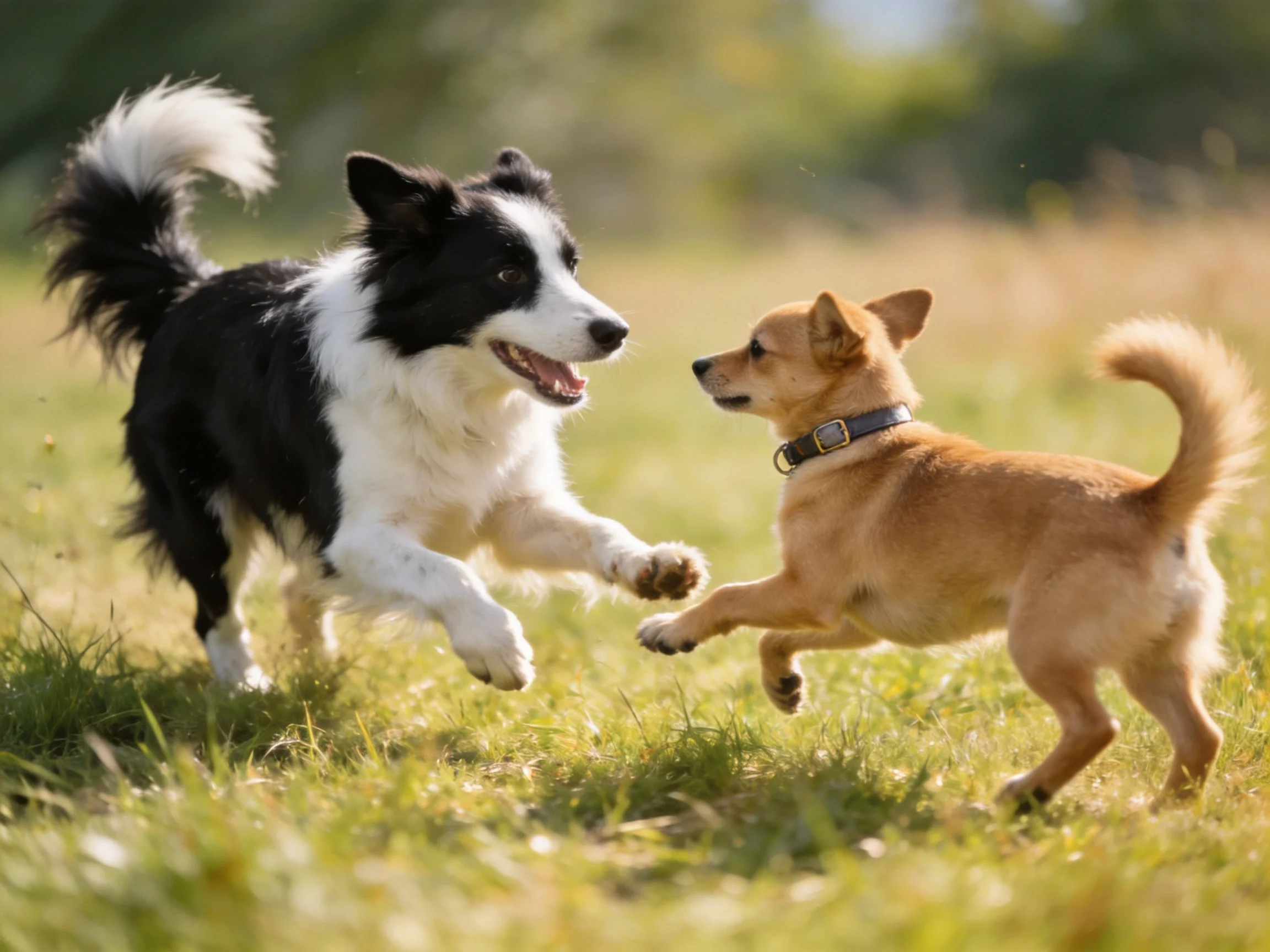 Two dogs—one black and white, one tan—play energetically in a sunlit meadow.