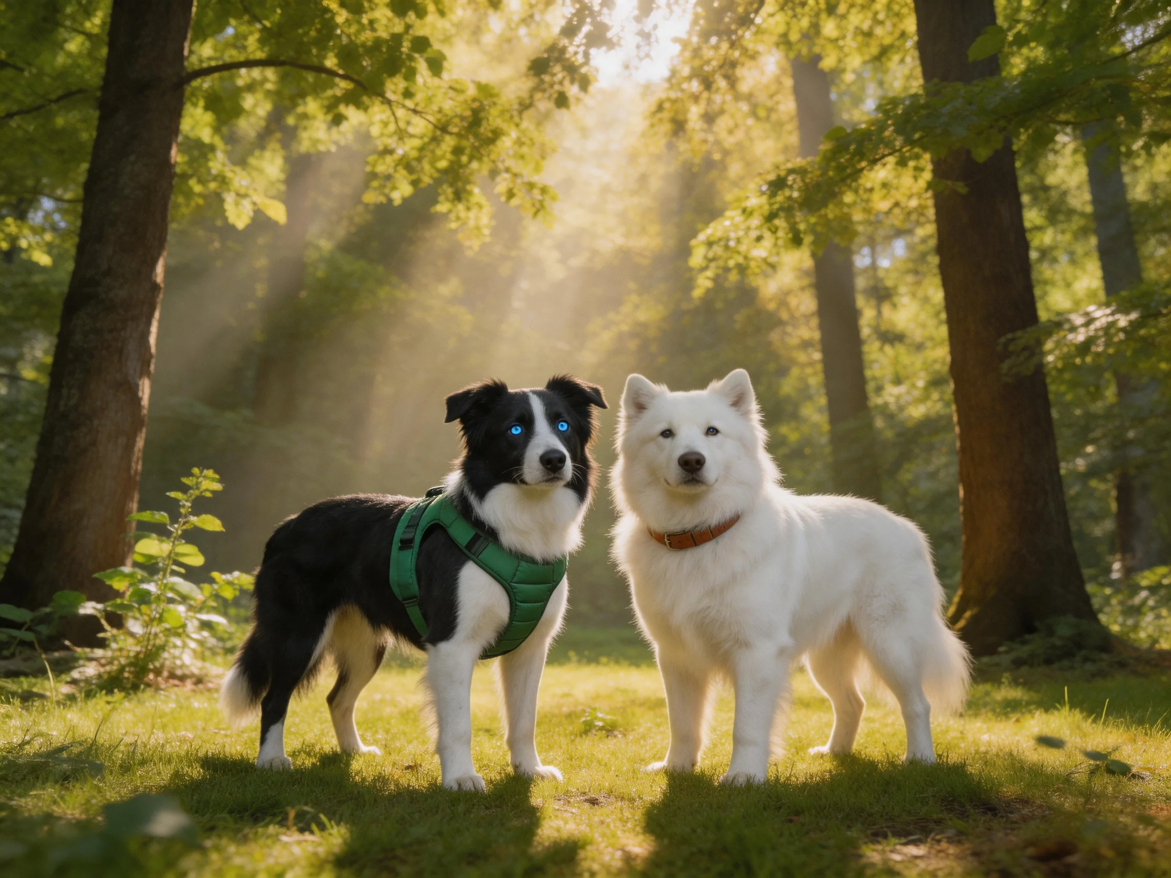 Two dogs stand together in a sunlit forest.