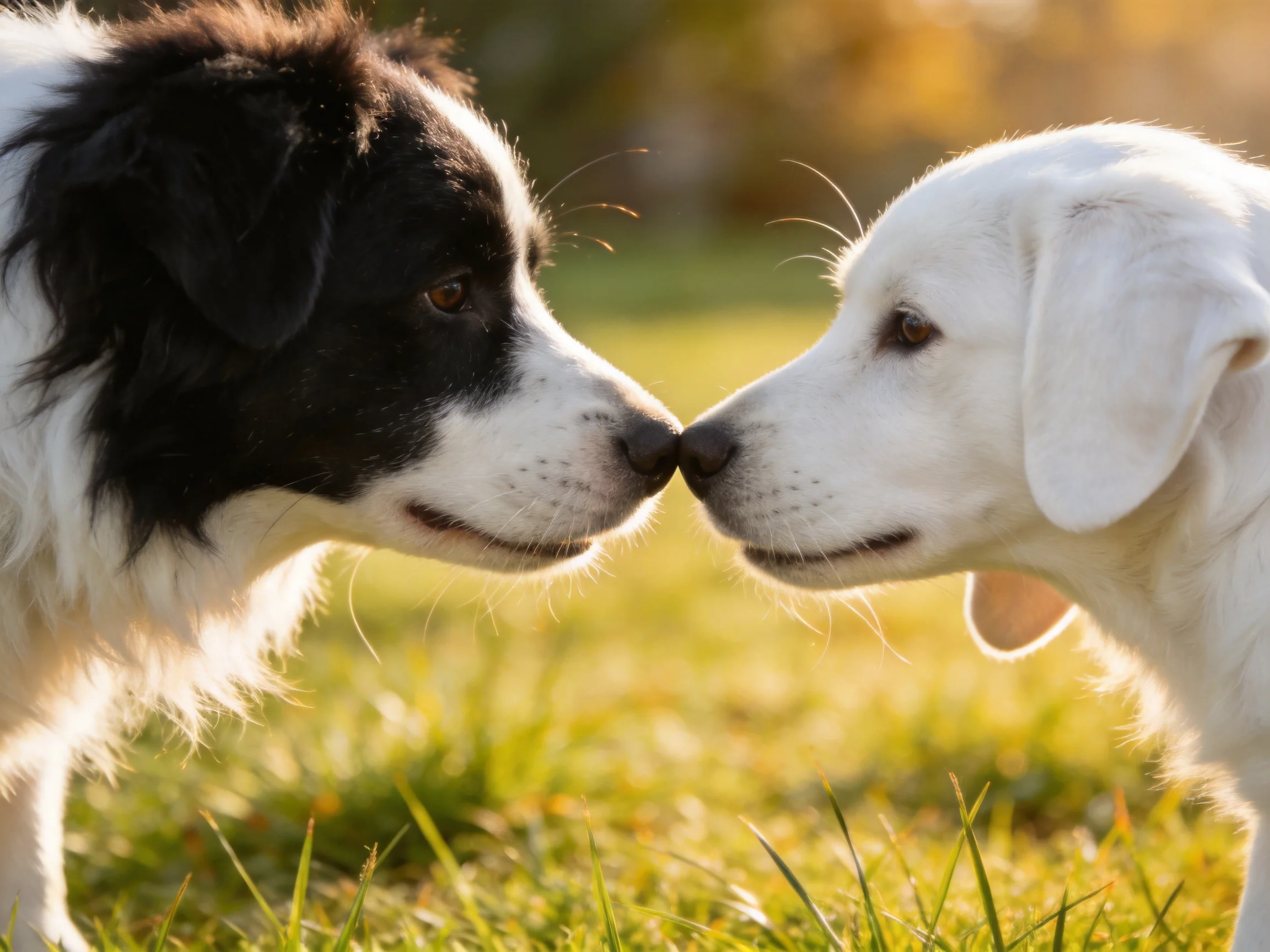 Two dogs with contrasting coats nuzzle each other in a sunlit outdoor area.