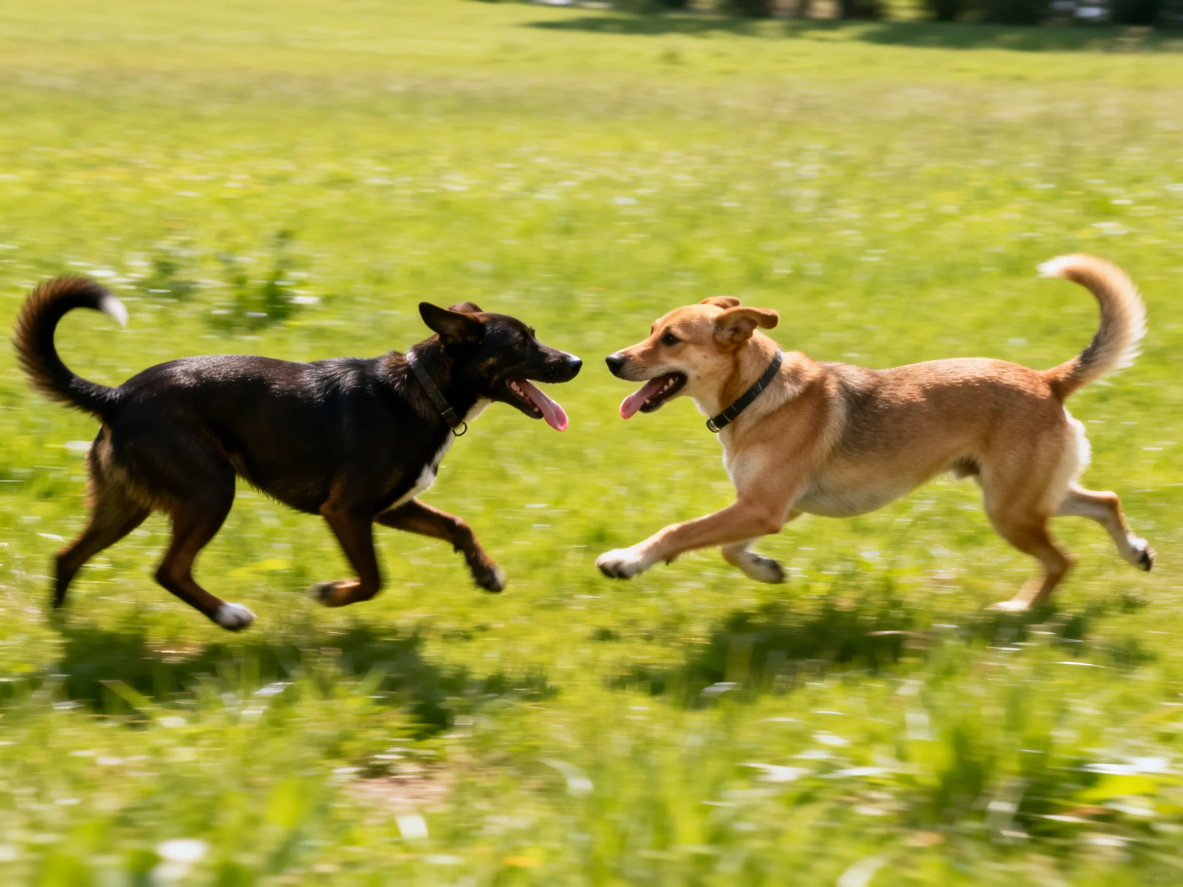 Two dogs—one black, one tan—joyfully run toward each other in a sunlit meadow