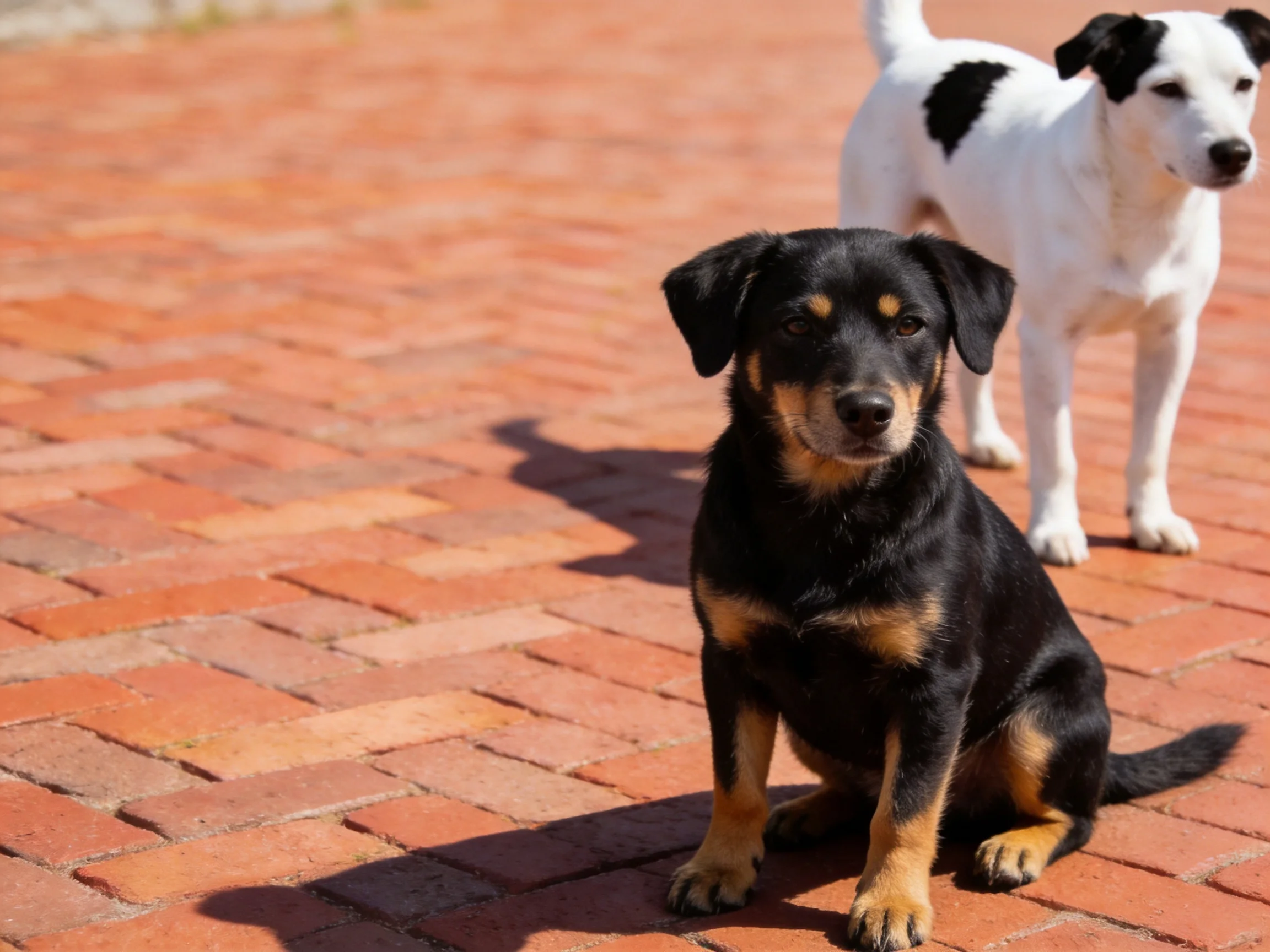 Two dogs, one sitting and one standing, are positioned on a red brick surface.