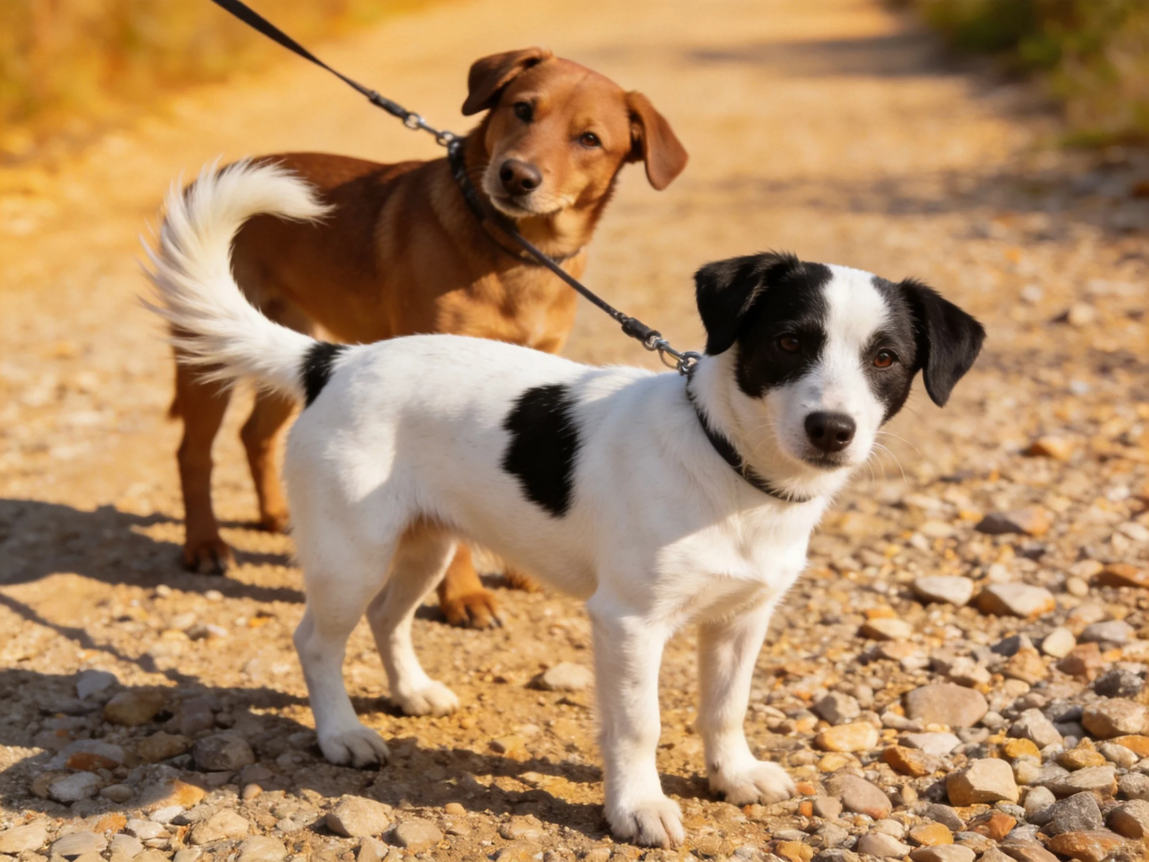 Two dogs, one brown and one black-and-white, stand on a gravel path