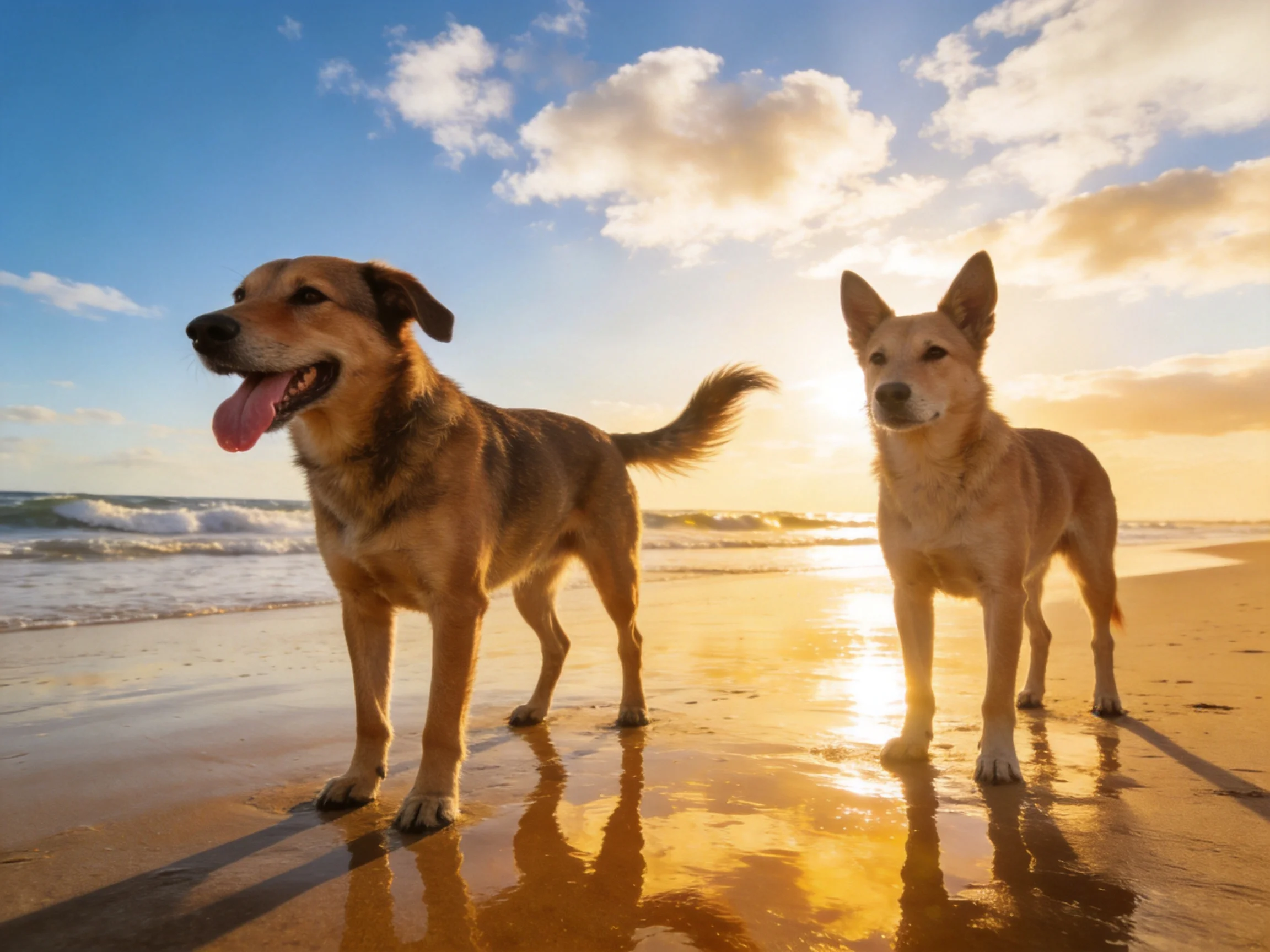 Two dogs, one brown and one tan, stand on a sandy beach at sunset