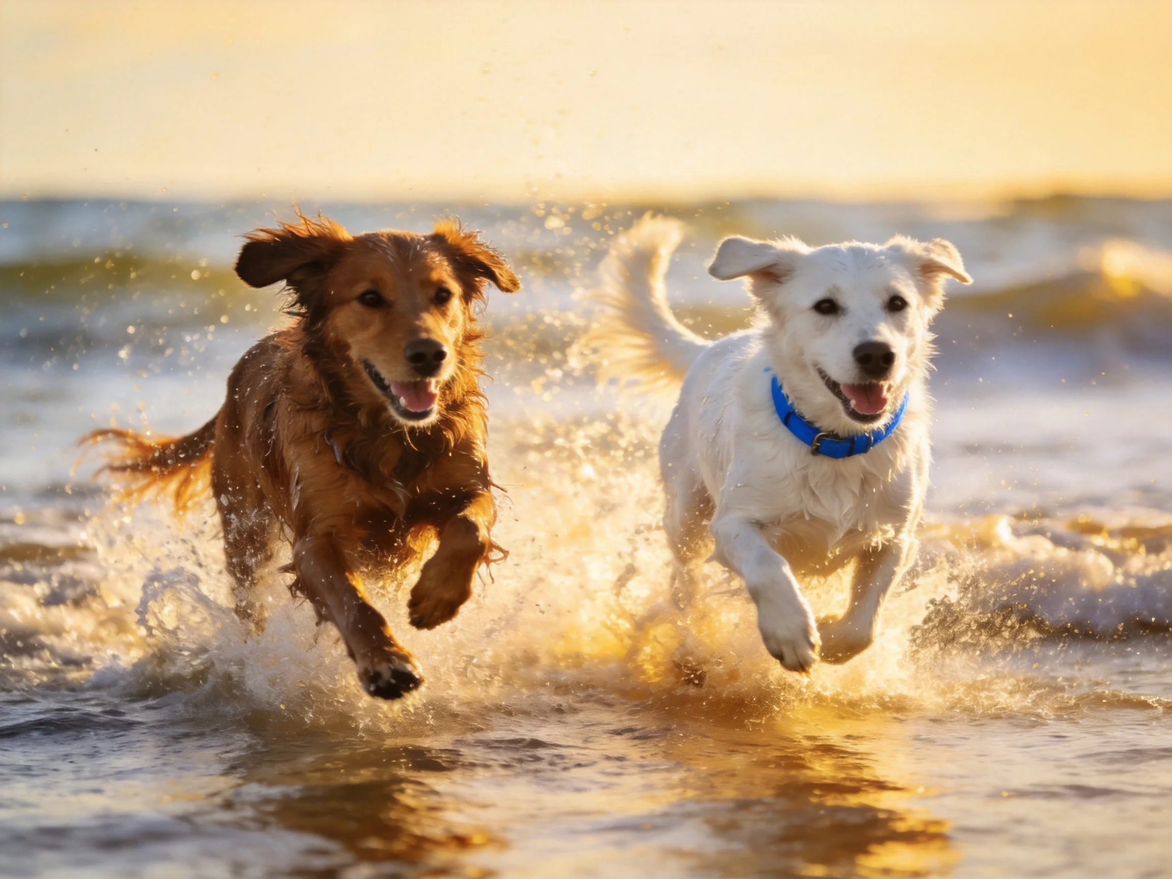 Two dogs run through ocean water at sunset.
