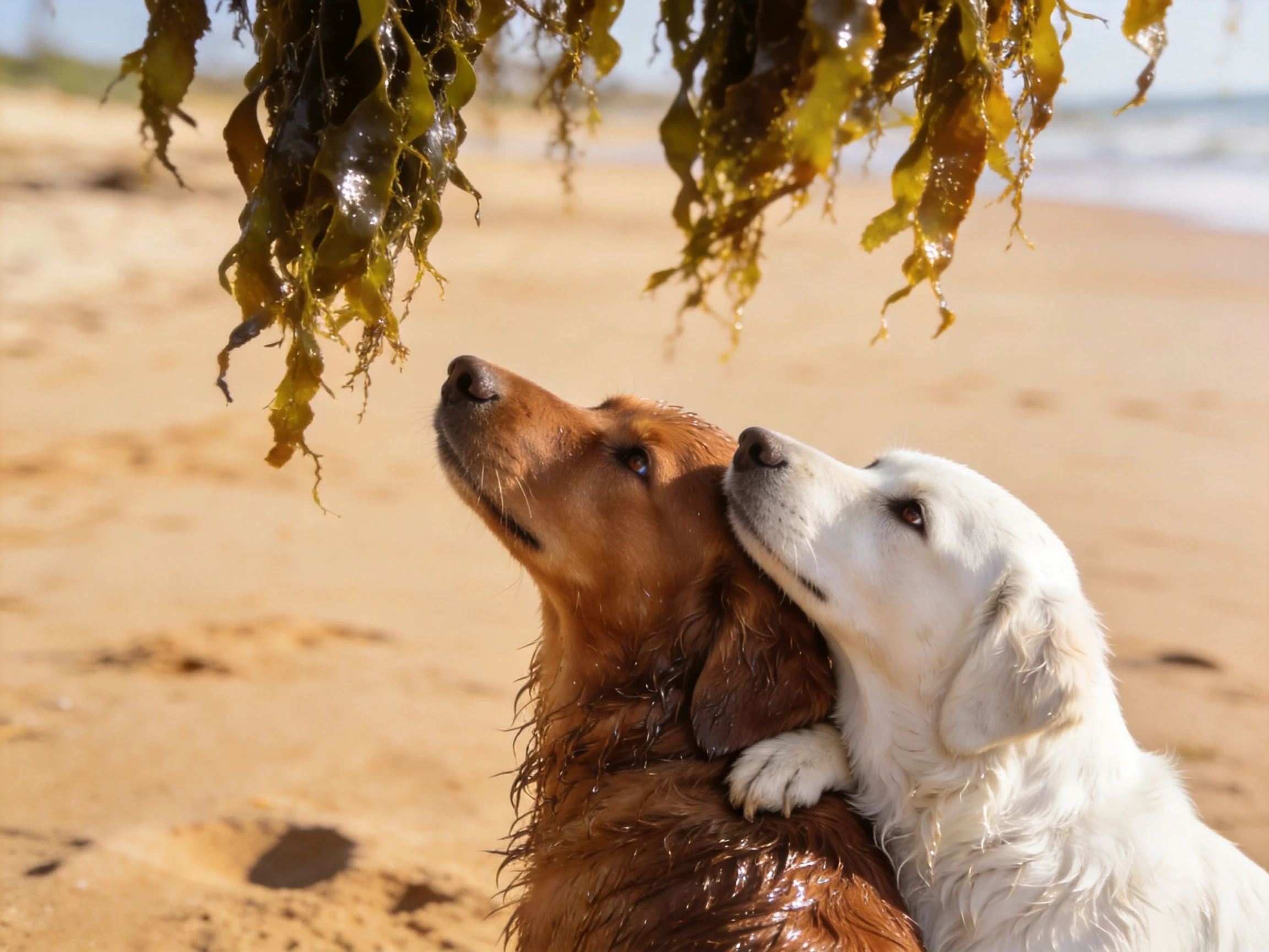 Two dogs explore hanging seaweed together on a sandy beach.