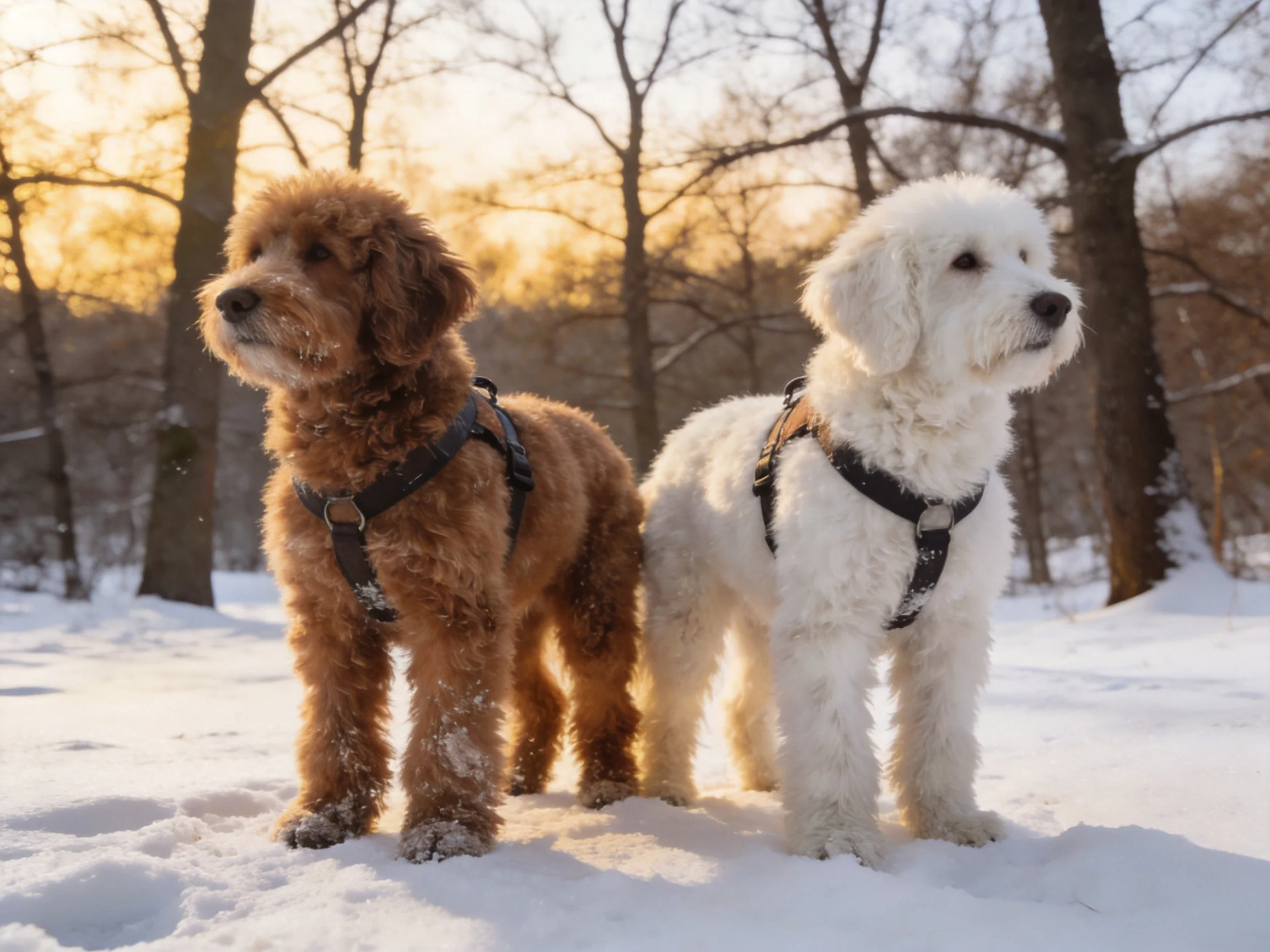 Two dogs of different colors stand together in a snowy wooded area.